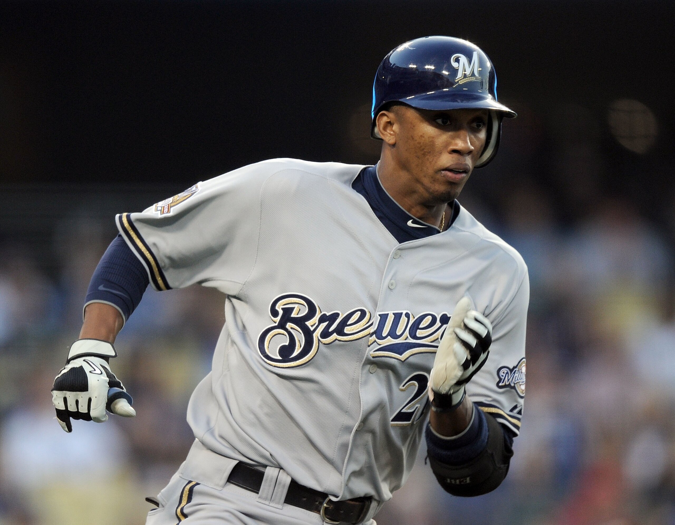 LOS ANGELES, CA - MAY 05: Alcides Escobar #21 of the Milwaukee Brewers runs to first on a hit against the Los Angeles Dodgers at Dodger Stadium on May 5, 2010 in Los Angeles, California. (Photo by Harry How/Getty Images) LOS ANGELES, CA - MAY 05: Alcides Escobar #21 of the Milwaukee Brewers runs to first on a hit against the Los Angeles Dodgers at Dodger Stadium on May 5, 2010 in Los Angeles, California. (Photo by Harry How/Getty Images)