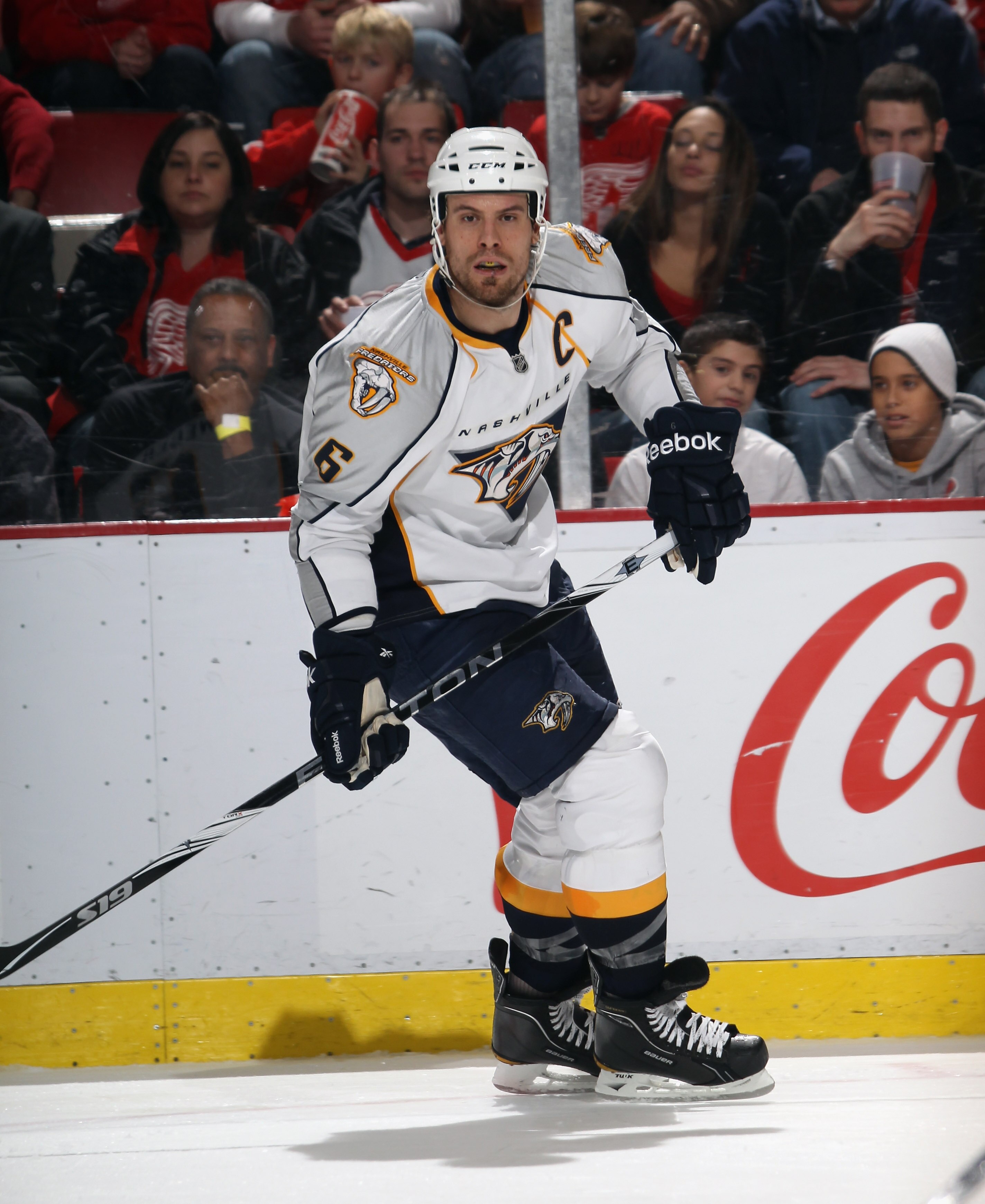 DETROIT, MI - DECEMBER 08: Shea Weber #6 of the Nashville Predators skates against the Detroit Red Wings at the Joe Louis Arena on December 8, 2010 in Detroit, Michigan. The Predators defeated the Red Wings 3-2.  (Photo by Bruce Bennett/Getty Images)