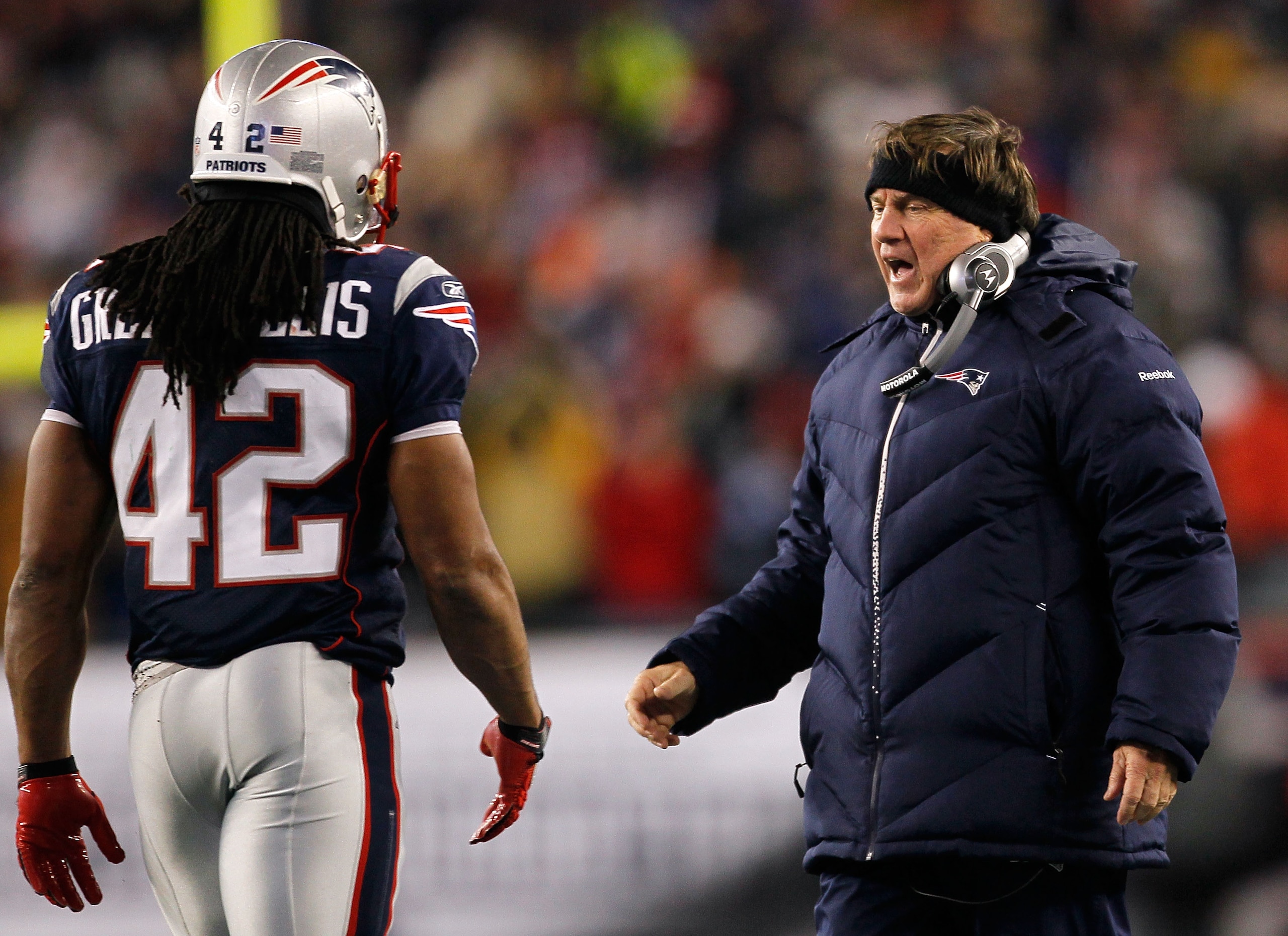 FOXBORO, MA - DECEMBER 06: Head coach Bill Belichick of the New England Patriots congratulates BenJarvus Green-Ellis #42 after Green-Ellis scored a 5-yard rushing touchdown in the fourth quarter against the New York Jets at Gillette Stadium on December 6 FOXBORO, MA - DECEMBER 06: Head coach Bill Belichick of the New England Patriots congratulates BenJarvus Green-Ellis #42 after Green-Ellis scored a 5-yard rushing touchdown in the fourth quarter against the New York Jets at Gillette Stadium on December 6
