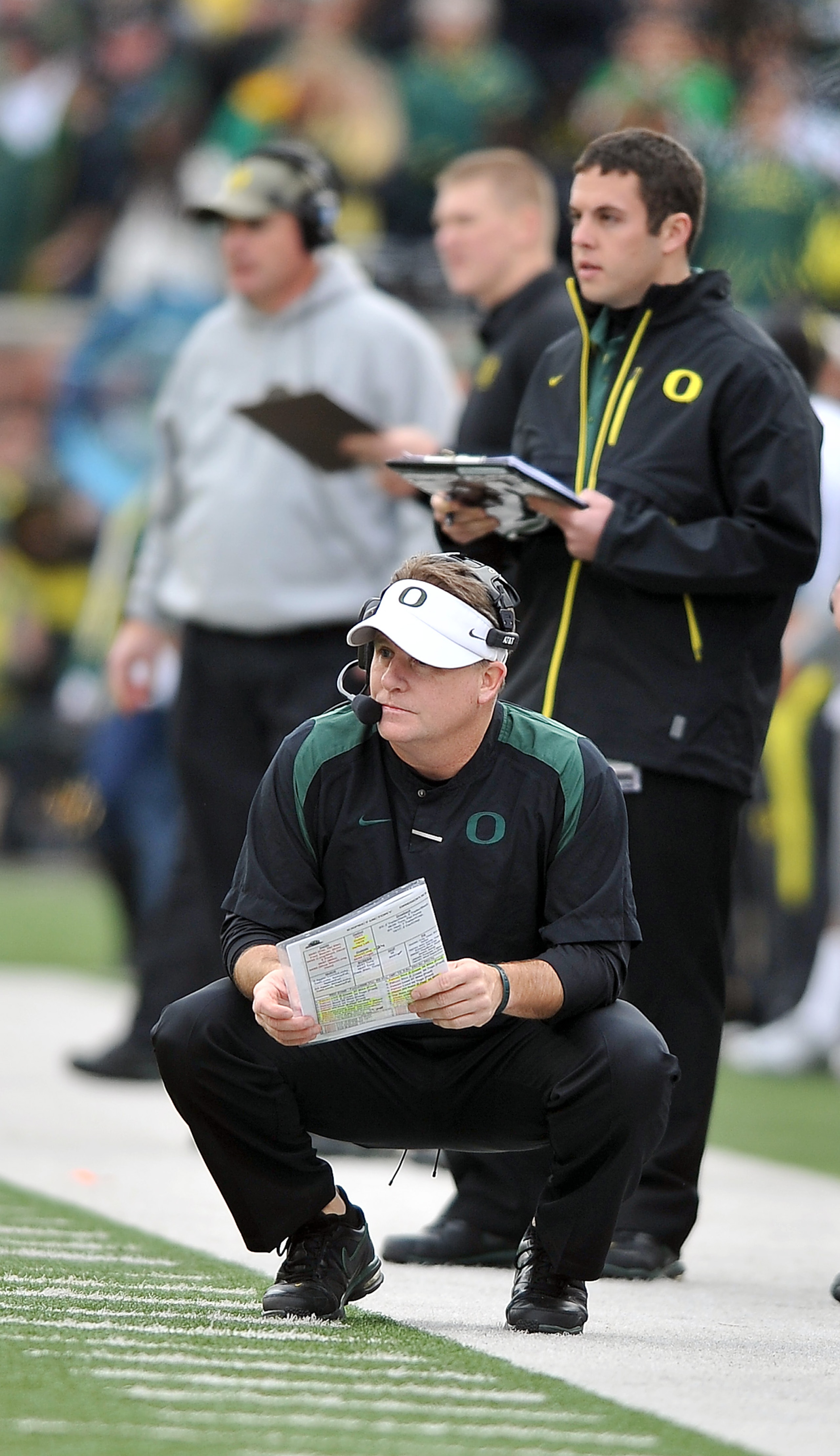 CORVALLIS, OR - DECEMBER 4: Head coach Chip Kelly of the Oregon Ducks looks on from the sidelines in the second quarter of the game against the the Oregon State Beavers at Reser Stadium on December 4, 2010 in Corvallis, Oregon. The Ducks beat the Beavers