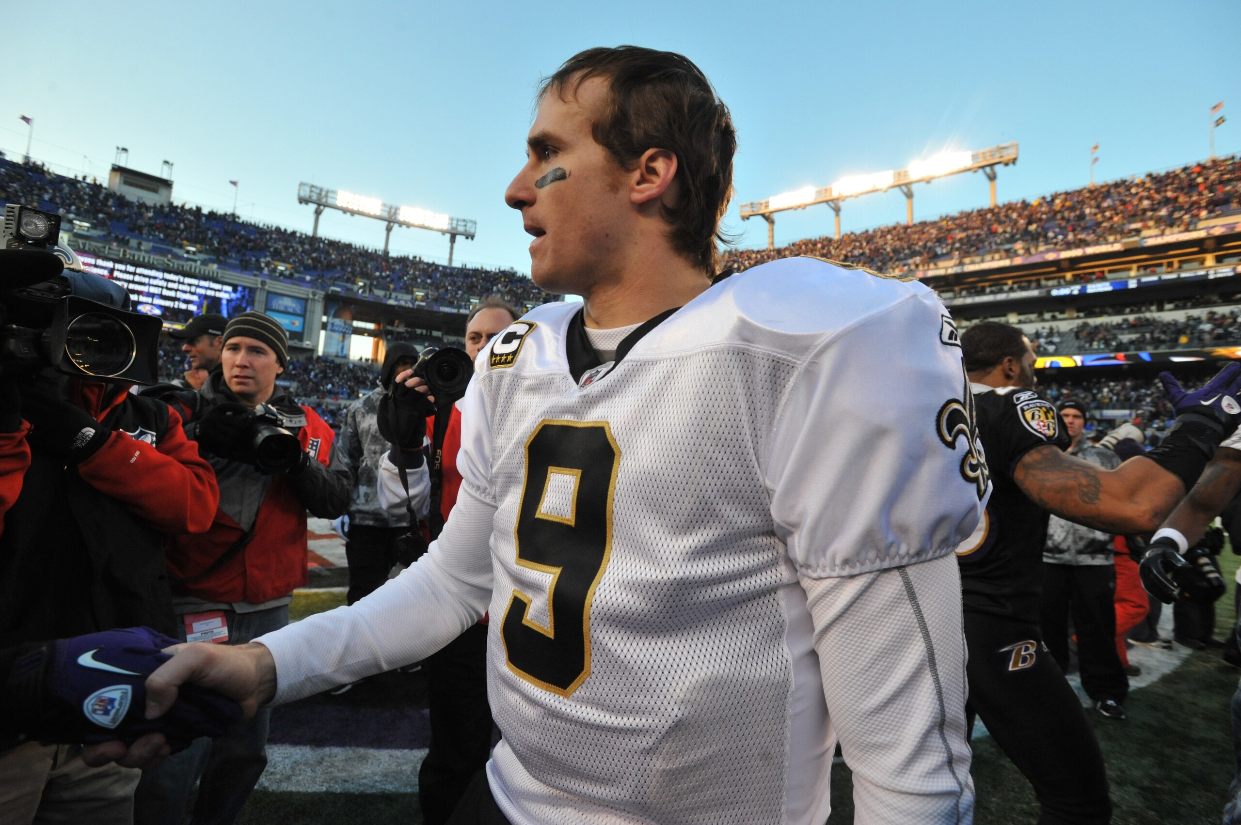 BALTIMORE, MD - DECEMBER 19: Drew Brees #9 of the New Orleans Saints walks off the field after the game against the Baltimore Ravens at M&T Bank Stadium on December 19, 2010 in Baltimore, Maryland. The Ravens defeated the Saints 30-24. (Photo by Larry F BALTIMORE, MD - DECEMBER 19: Drew Brees #9 of the New Orleans Saints walks off the field after the game against the Baltimore Ravens at M&T Bank Stadium on December 19, 2010 in Baltimore, Maryland. The Ravens defeated the Saints 30-24. (Photo by Larry F