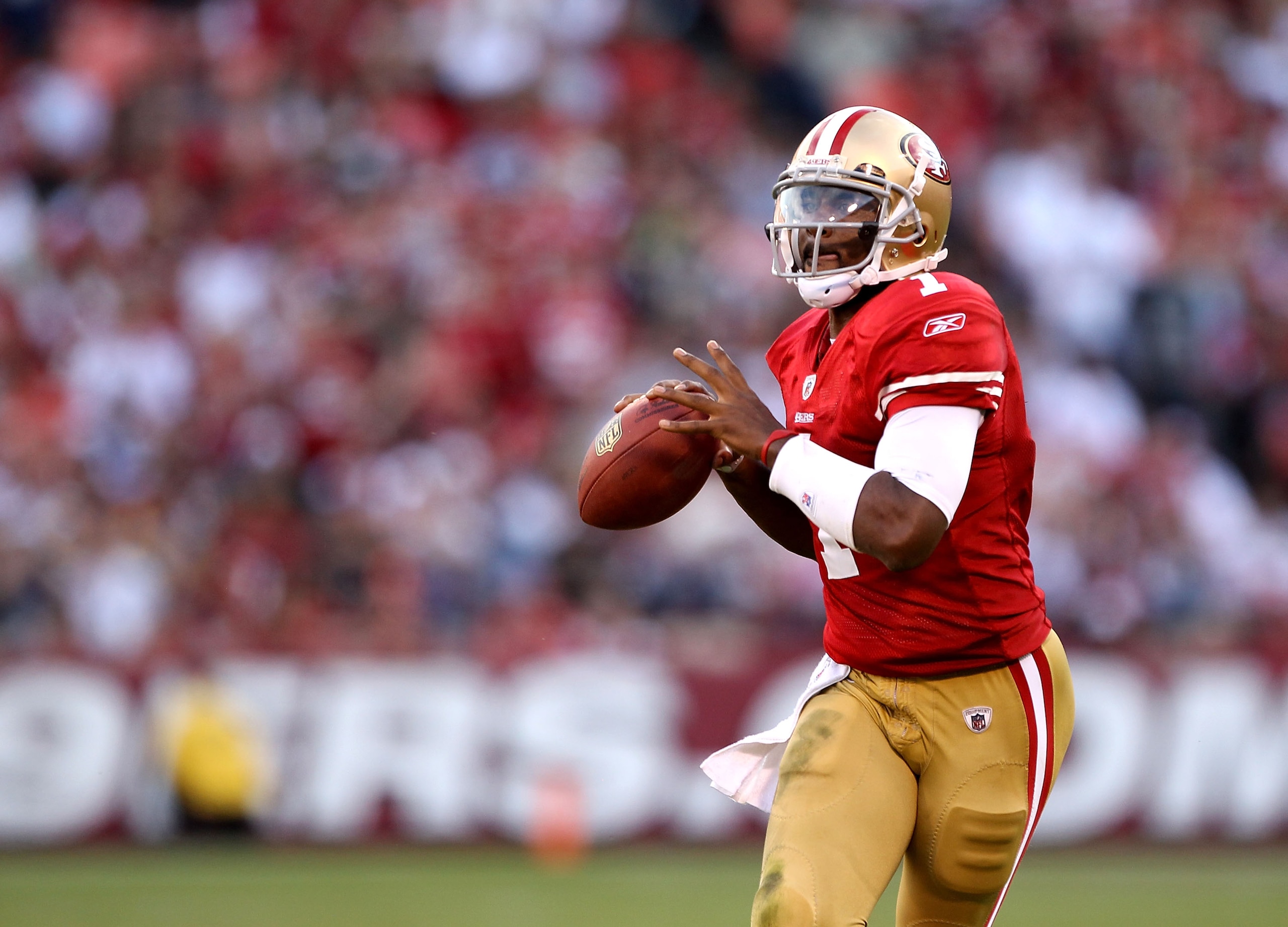 SAN FRANCISCO - NOVEMBER 14:  Troy Smith #49 of the San Francisco 49ers looks to pass the ball during their game against the St. Louis Rams at Candlestick Park on November 14, 2010 in San Francisco, California.  (Photo by Ezra Shaw/Getty Images)