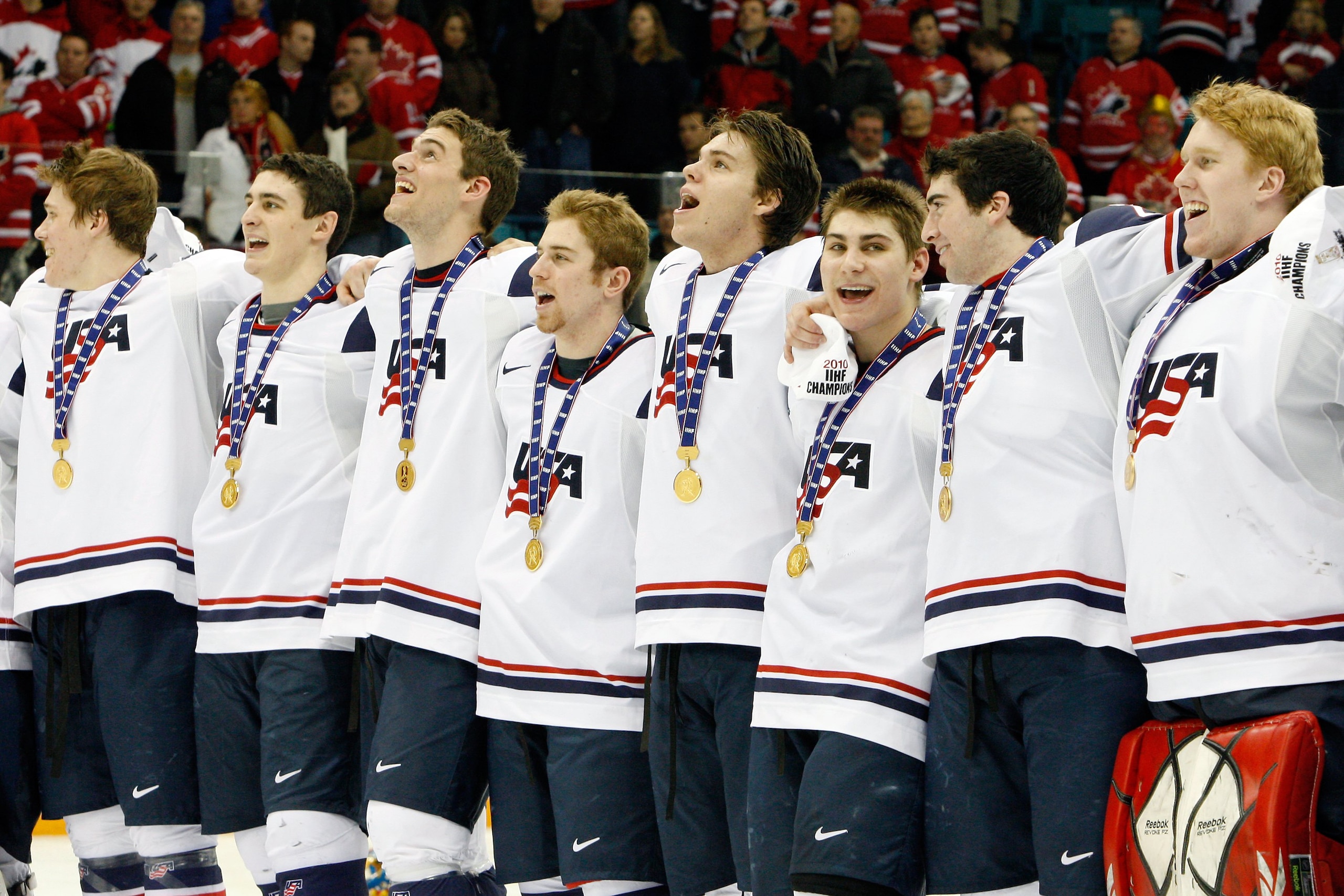 SASKATOON, SK - JANUARY 5:  Members of Team USA sing the national anthem after defeating Team Canada at the 2010 IIHF World Junior Championship Tournament Gold Medal game on January 5, 2010 at the Credit Union Centre in Saskatoon, Saskatchewan, Canada.  T