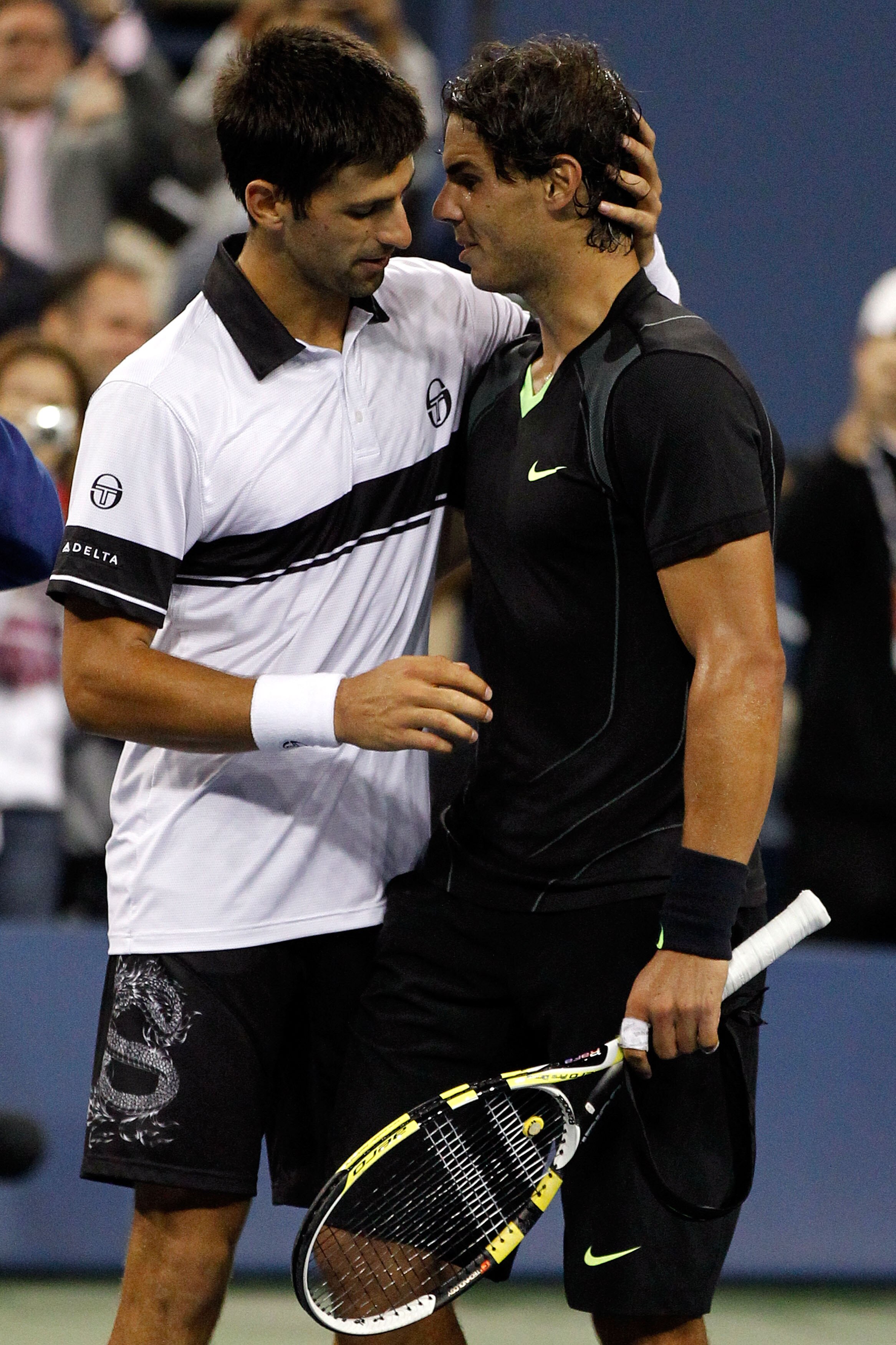 NEW YORK - SEPTEMBER 13:  (L-R) Runner up Novak Djokovic of Serbia congratulates Rafael Nadal of Spain after being defeated by him in their men's singles final on day fifteen of the 2010 U.S. Open at the USTA Billie Jean King National Tennis Center on Sep