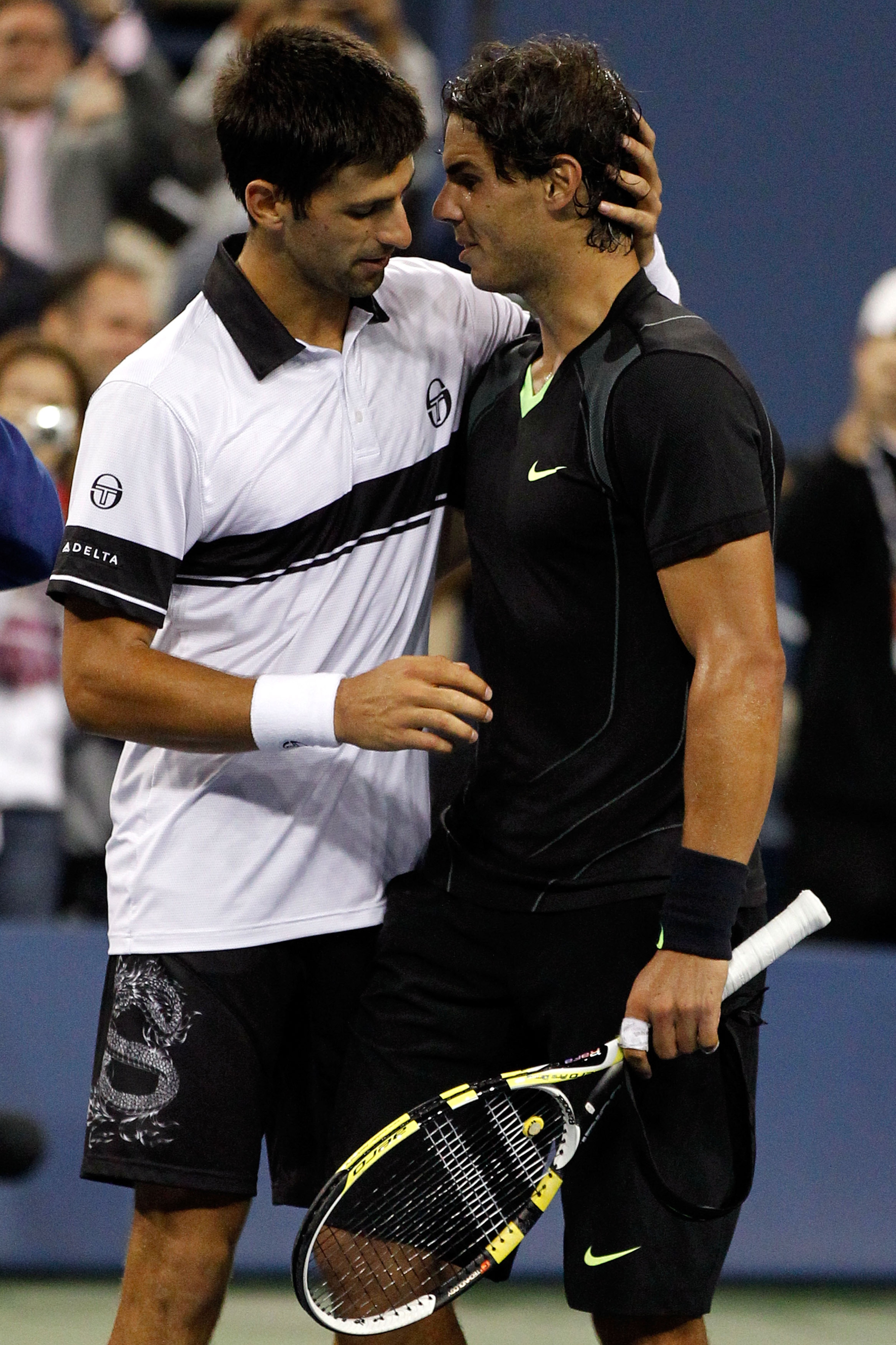 NEW YORK - SEPTEMBER 13: (L-R) Runner up Novak Djokovic of Serbia congratulates Rafael Nadal of Spain after being defeated by him in their men's singles final on day fifteen of the 2010 U.S. Open at the USTA Billie Jean King National Tennis Center on Sep NEW YORK - SEPTEMBER 13: (L-R) Runner up Novak Djokovic of Serbia congratulates Rafael Nadal of Spain after being defeated by him in their men's singles final on day fifteen of the 2010 U.S. Open at the USTA Billie Jean King National Tennis Center on Sep