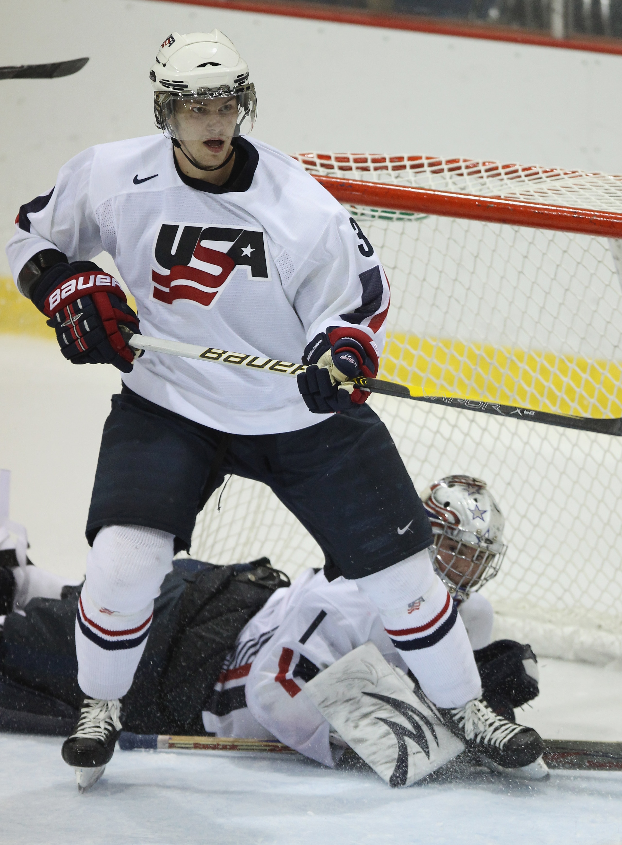 LAKE PLACID, NY - AUGUST 03:  Jon Merrill #3 of Team USA skates against Team Sweden at the USA Hockey National Evaluation Camp on August 3, 2010 in Lake Placid, New York. Team USA defeated Team Sweden 6-3.  (Photo by Bruce Bennett/Getty Images)