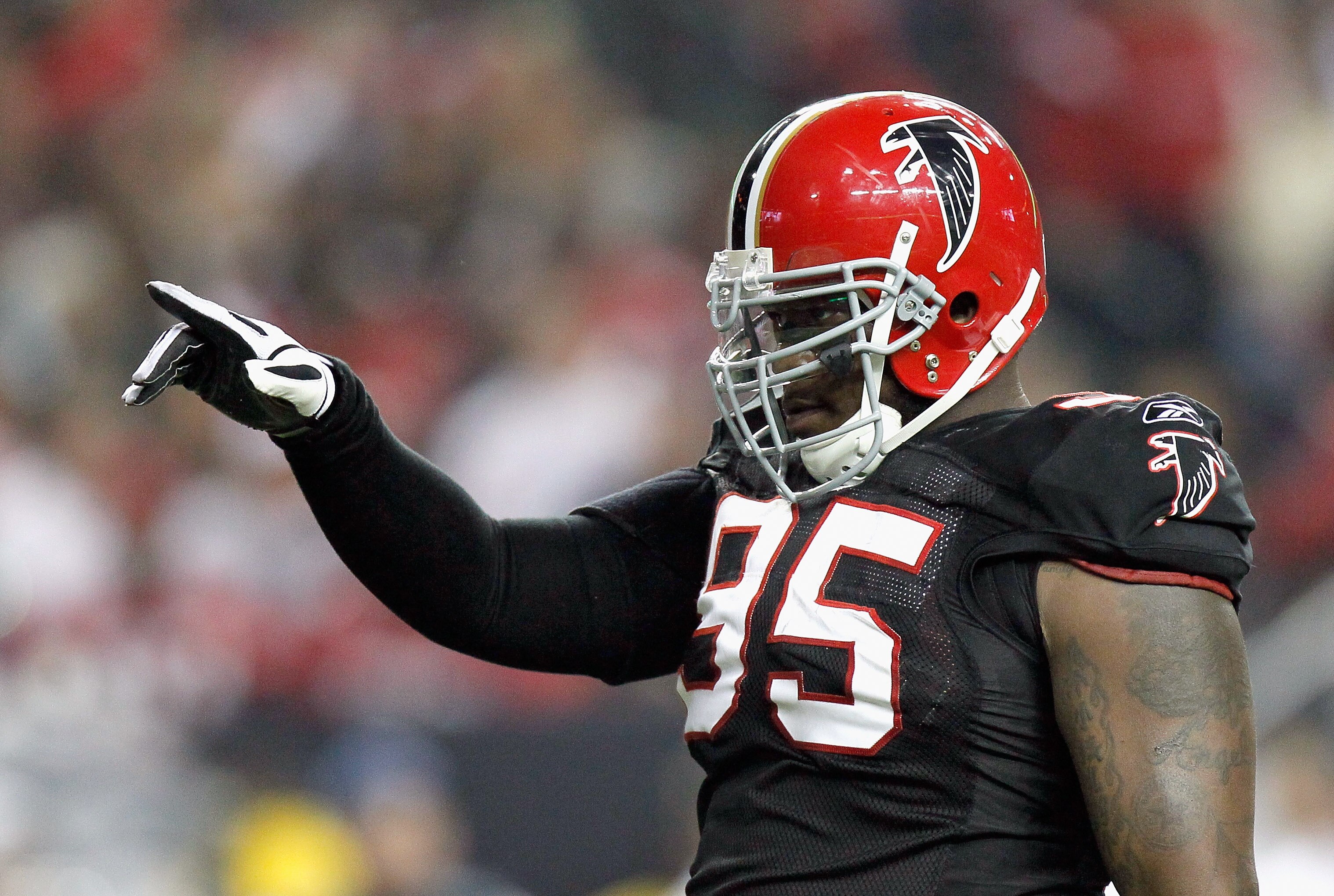 ATLANTA - NOVEMBER 11:  Jonathan Babineaux #95 of the Atlanta Falcons reacts after a defensive stop against the Baltimore Ravens at Georgia Dome on November 11, 2010 in Atlanta, Georgia.  (Photo by Kevin C. Cox/Getty Images)