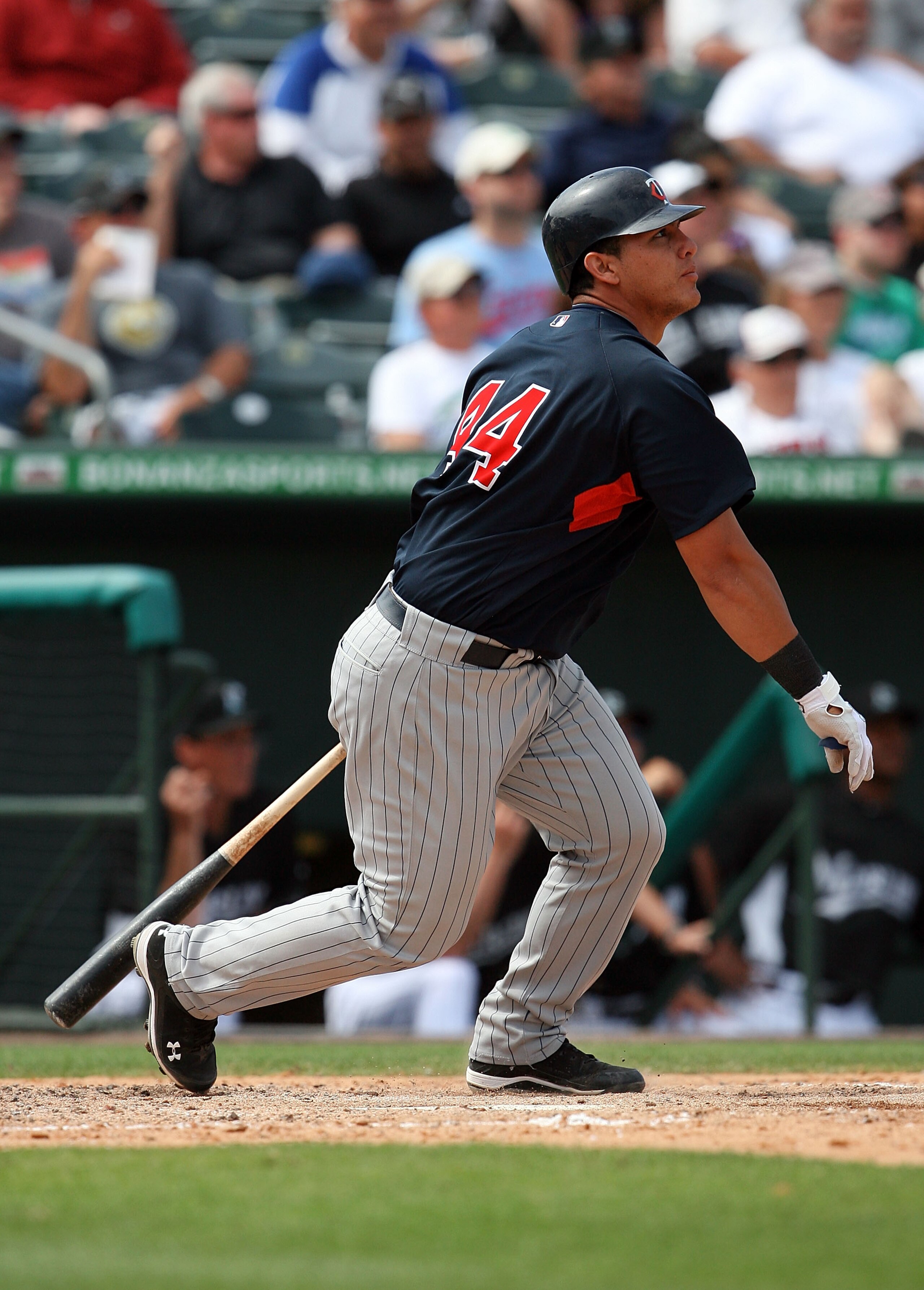 JUPITER, FL - MARCH 15:  Catcher Wilson Ramos #44 of the Minnesota Twins hits a double against the Florida Marlins at Roger Dean Stadium on March 15, 2010 in Jupiter, Florida. The Marlins defeated the Twins 5-4.  (Photo by Doug Benc/Getty Images)