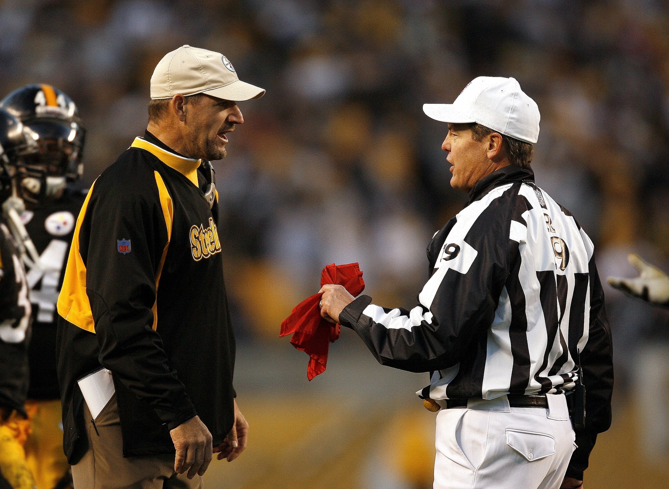 PITTSBURGH - OCTOBER 15:  Head coach Bill Cowher of the Pittsburgh Steelers challenges a call against the Kansas City Chiefs at Heinz Field on October 15, 2006 in Pittsburgh, Pennsylvania.  The call was reversed and Pittsburgh awarded a touchdown.  The St