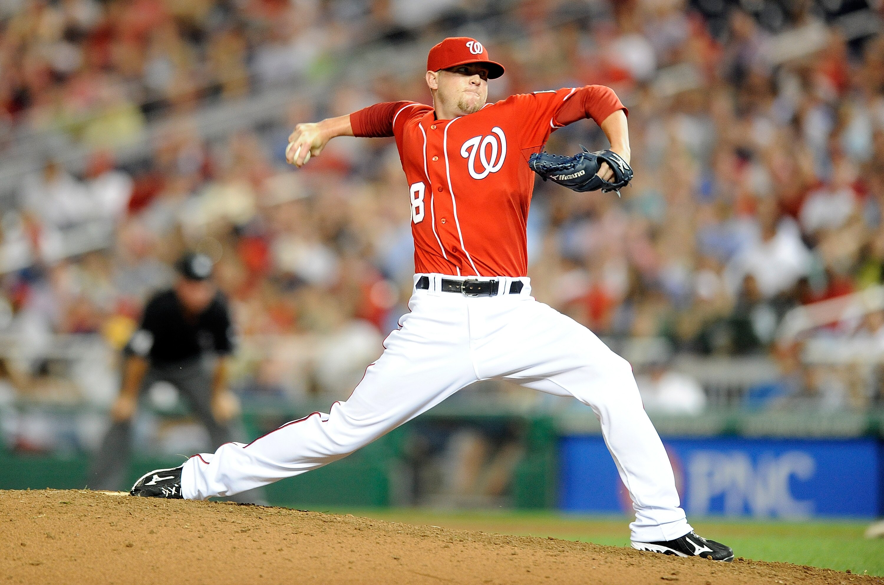 WASHINGTON - JUNE 18:  Drew Storen #58 of the Washington Nationals pitches against the Chicago White Sox at Nationals Park on June 18, 2010 in Washington, DC.  (Photo by Greg Fiume/Getty Images)