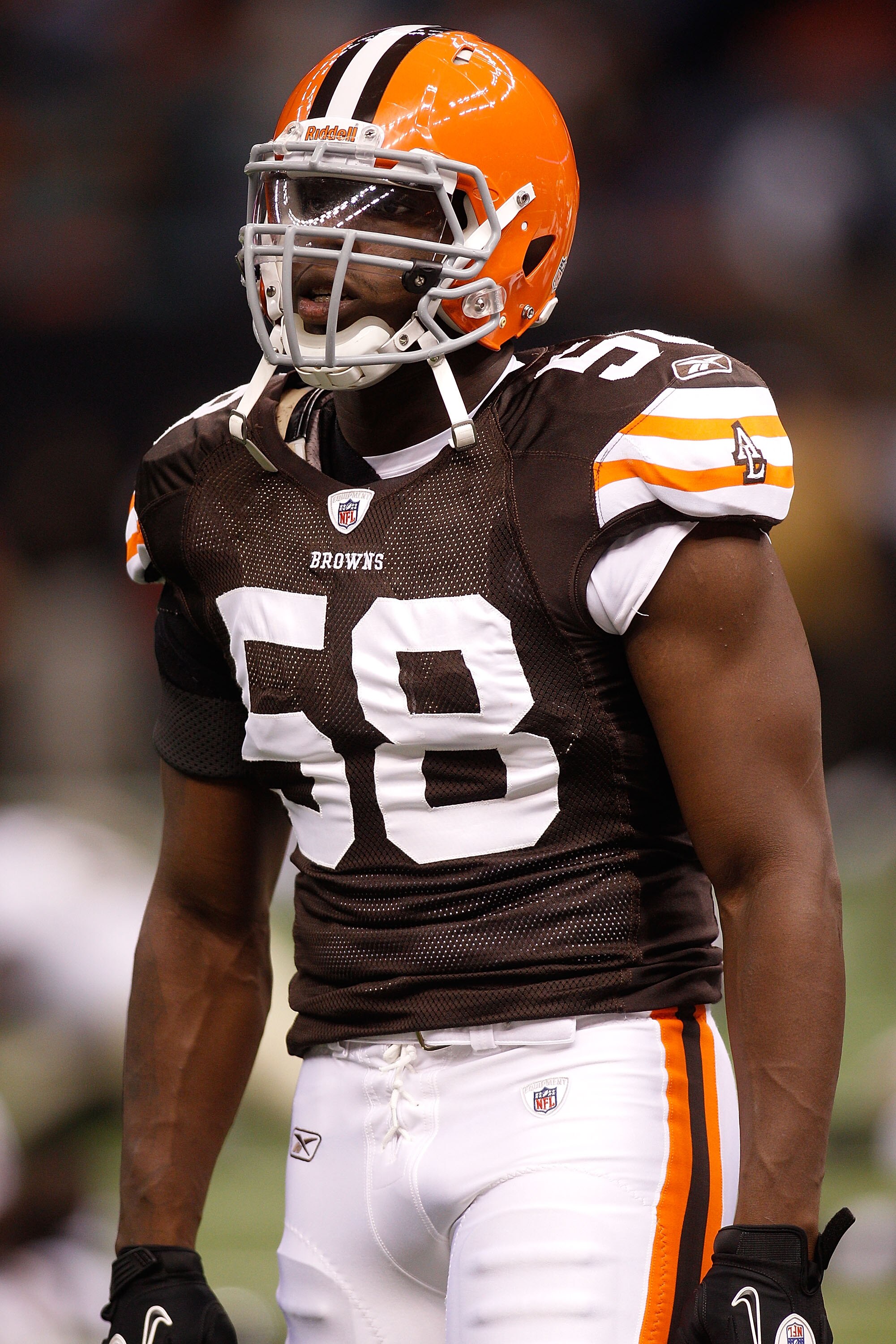 NEW ORLEANS - OCTOBER 24:  Marcus Bernard #58 of the Cleveland Browns in action against the New Orleans Saints at the Louisiana Superdome on October 24, 2010 in New Orleans, Louisiana.  (Photo by Chris Graythen/Getty Images)