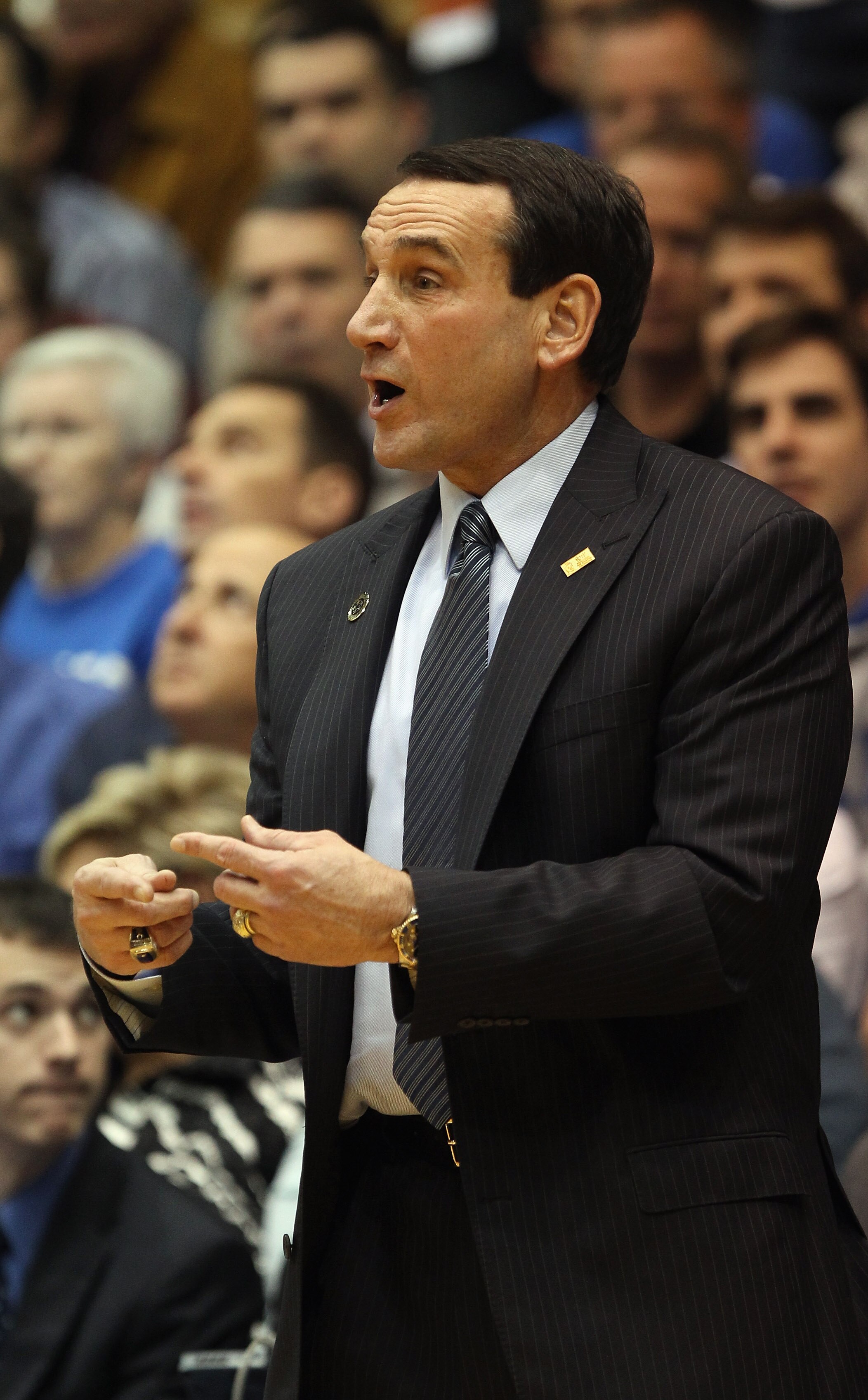 DURHAM, NC - DECEMBER 01:  Head coach Mike Krzyzewski of the Duke Blue Devils calls a play against the Michigan State Spartans during their game at Cameron Indoor Stadium on December 1, 2010 in Durham, North Carolina.  (Photo by Streeter Lecka/Getty Image