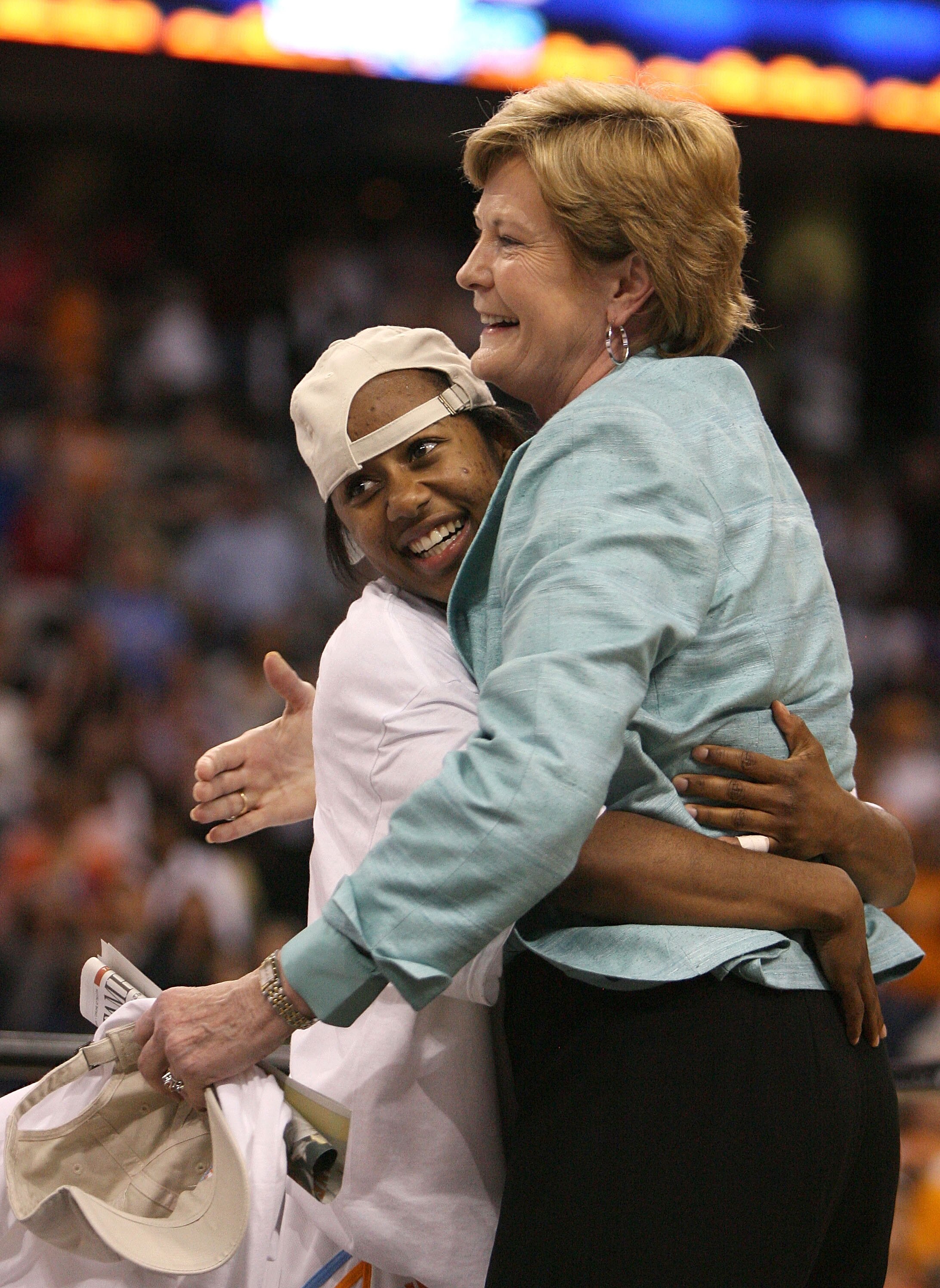TAMPA, FL - APRIL 08:  (L-R) Shannon Bobbitt #00 and head coach Pat Summitt of the Tennessee Lady Volunteers  celebrate their 64-48 win against the Stanford Cardinal during the National Championsip Game of the 2008 NCAA Women's Final Four at St. Pete Time