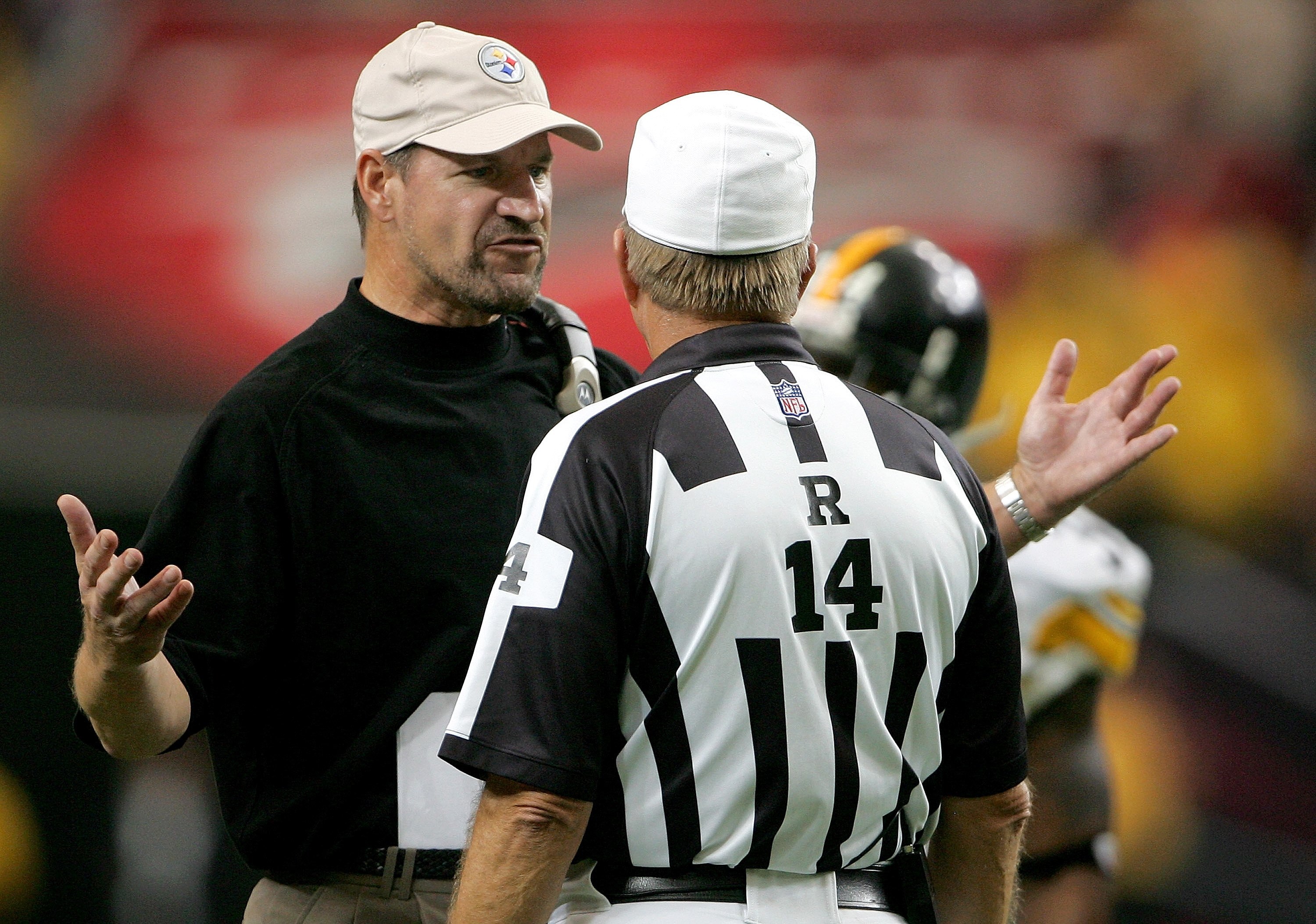 ATLANTA - OCTOBER 22:  Head coach Bill Cowher of the Pittsburgh Steelers argues a call with referee Ron Winter during overtime on October 22, 2006 at the Georgia Dome in Atlanta, Georgia.  (Photo by Doug Pensinger/Getty Images)