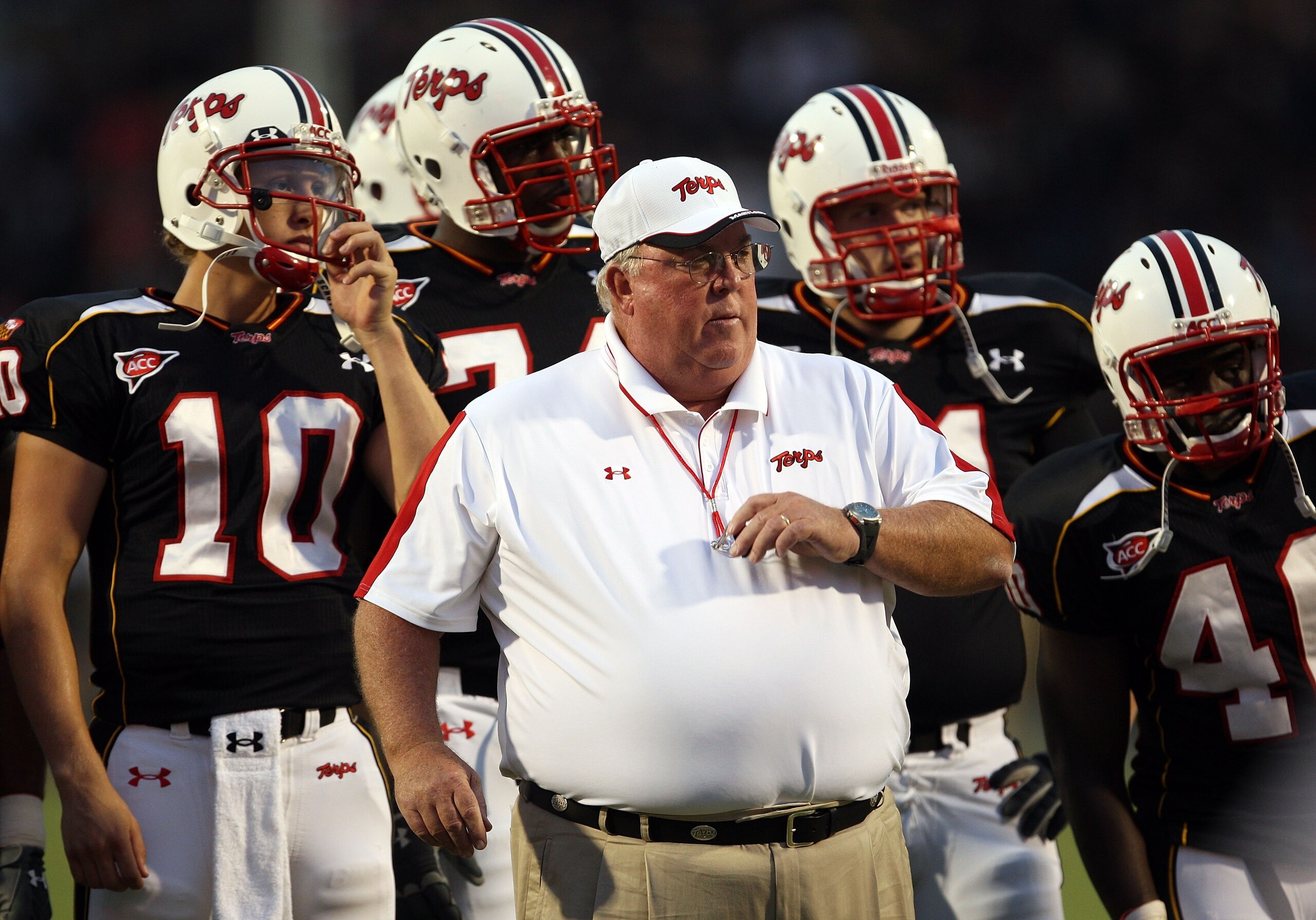 COLLEGE PARK, MD - SEPTEMBER 13: Head coach Ralph Friedgen of the Maryland Terrapins watches player warm-ups prior to the game against the West Virginia Mountaineers on September 13, 2007 at Byrd Stadium in College Park, Maryland. (Photo by Jamie Squire COLLEGE PARK, MD - SEPTEMBER 13: Head coach Ralph Friedgen of the Maryland Terrapins watches player warm-ups prior to the game against the West Virginia Mountaineers on September 13, 2007 at Byrd Stadium in College Park, Maryland. (Photo by Jamie Squire