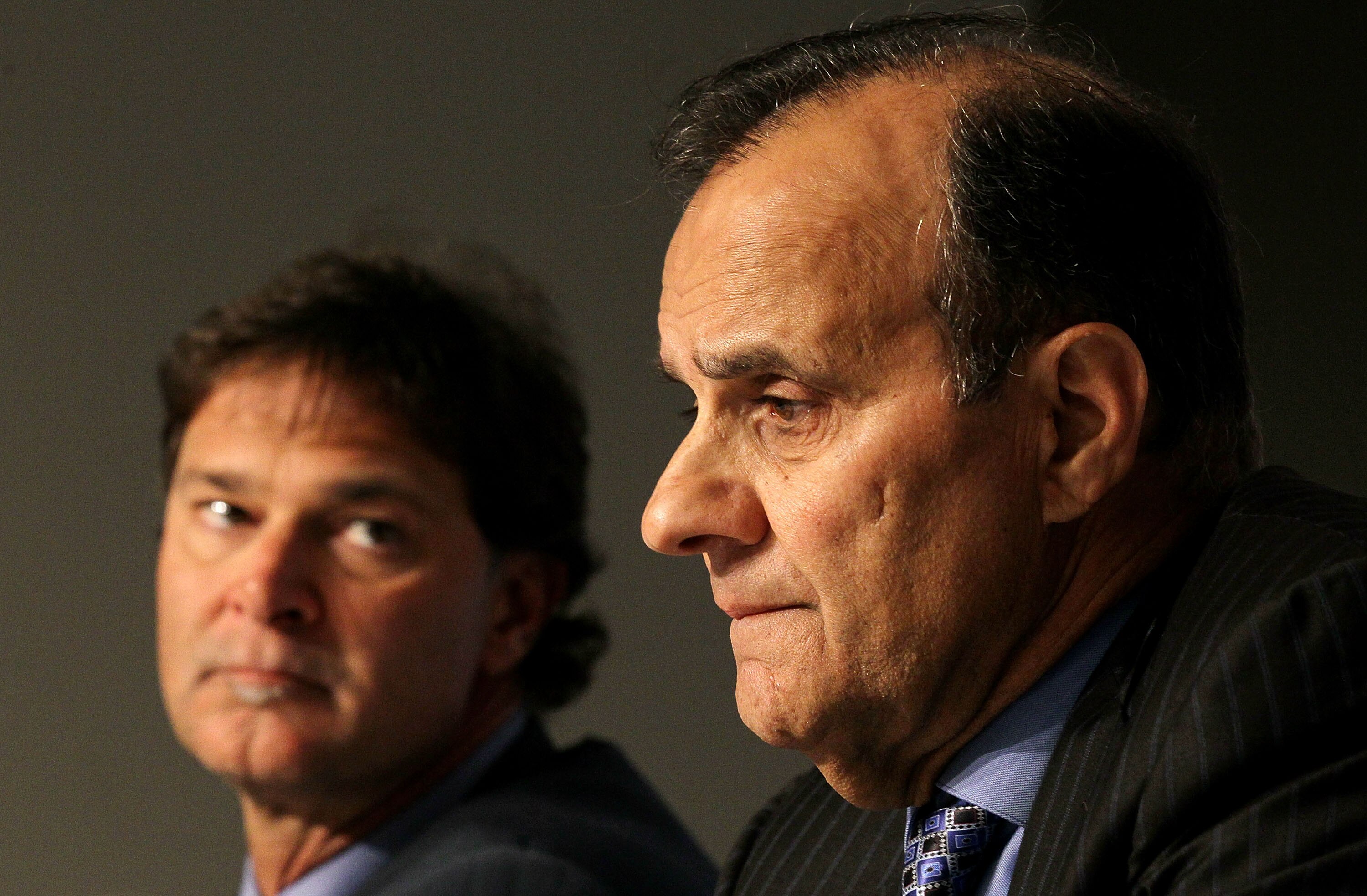 NEW YORK - SEPTEMBER 20:  Former New York Yankees manager Joe Torre (R) and former player Don Mattingly speak to the media prior to the game against the Tampa Bay Rays on September 20, 2010 at Yankee Stadium in the Bronx borough of New York City.  (Photo