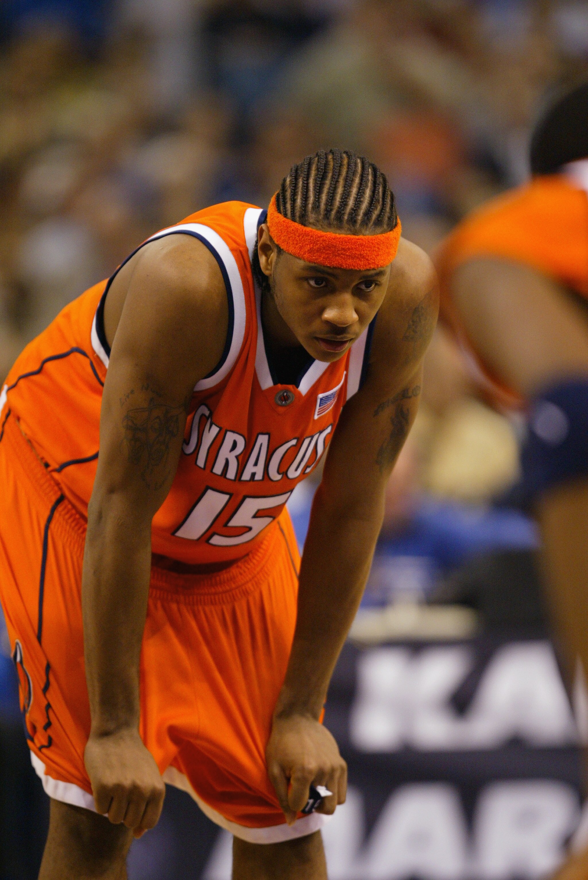 NEW ORLEANS - APRIL 7:  Carmelo Anthony #15 of Syracuse waits for free throws to be shot by Kansas during the championship game of the NCAA Men's Final Four Tournament on April 7, 2003 at the Louisiana Superdome in New Orleans, Louisiana.  Syracuse defeat