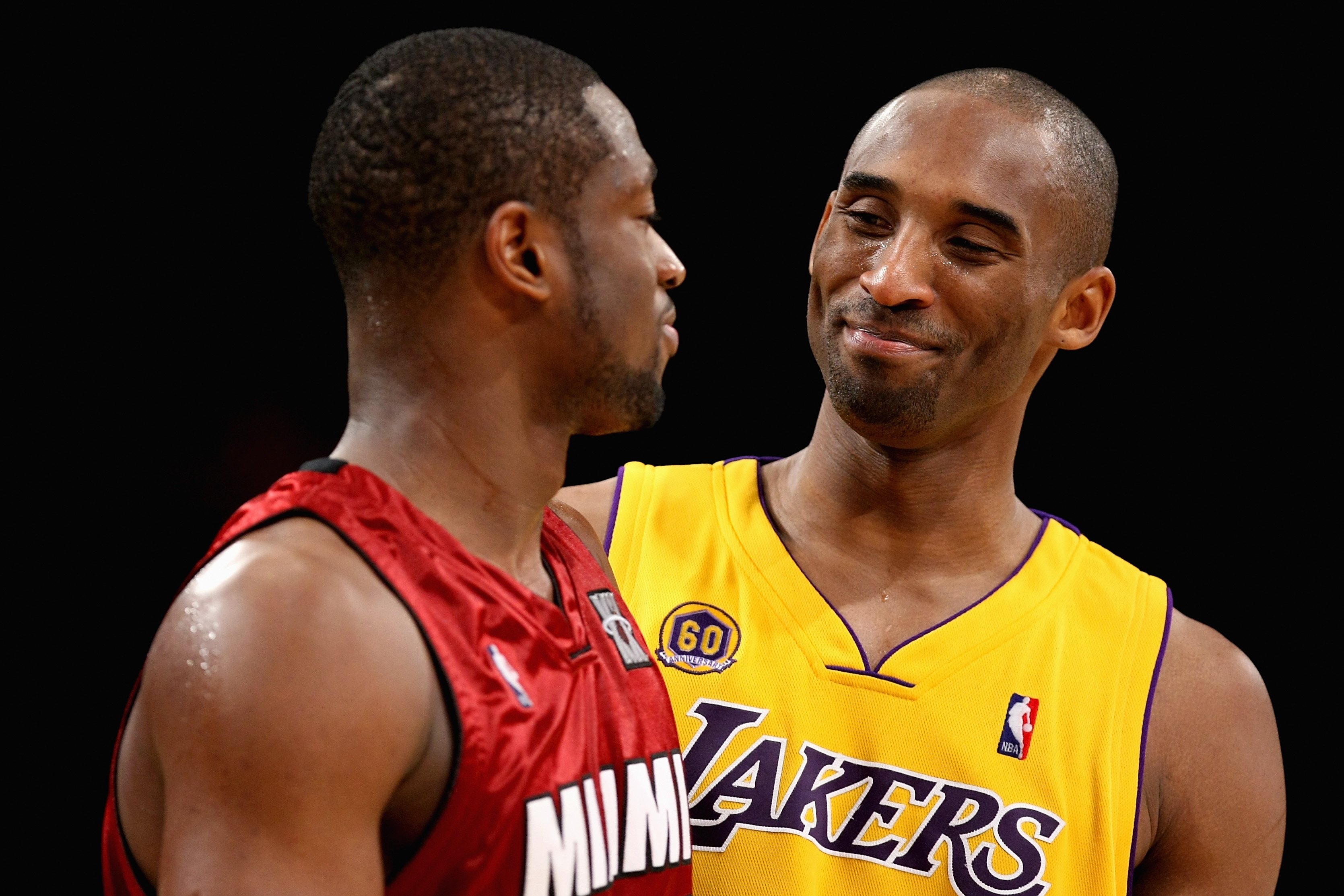 LOS ANGELES - FEBRUARY 28:  Kobe Bryant #24 of the Los Angeles Lakers shares a laugh with Dwyane Wade #3 of the Miami Heat during the game on February 28, 2008 at Staples Center in Los Angeles, California.  The Lakers won 106-88. NOTE TO USER: User expres