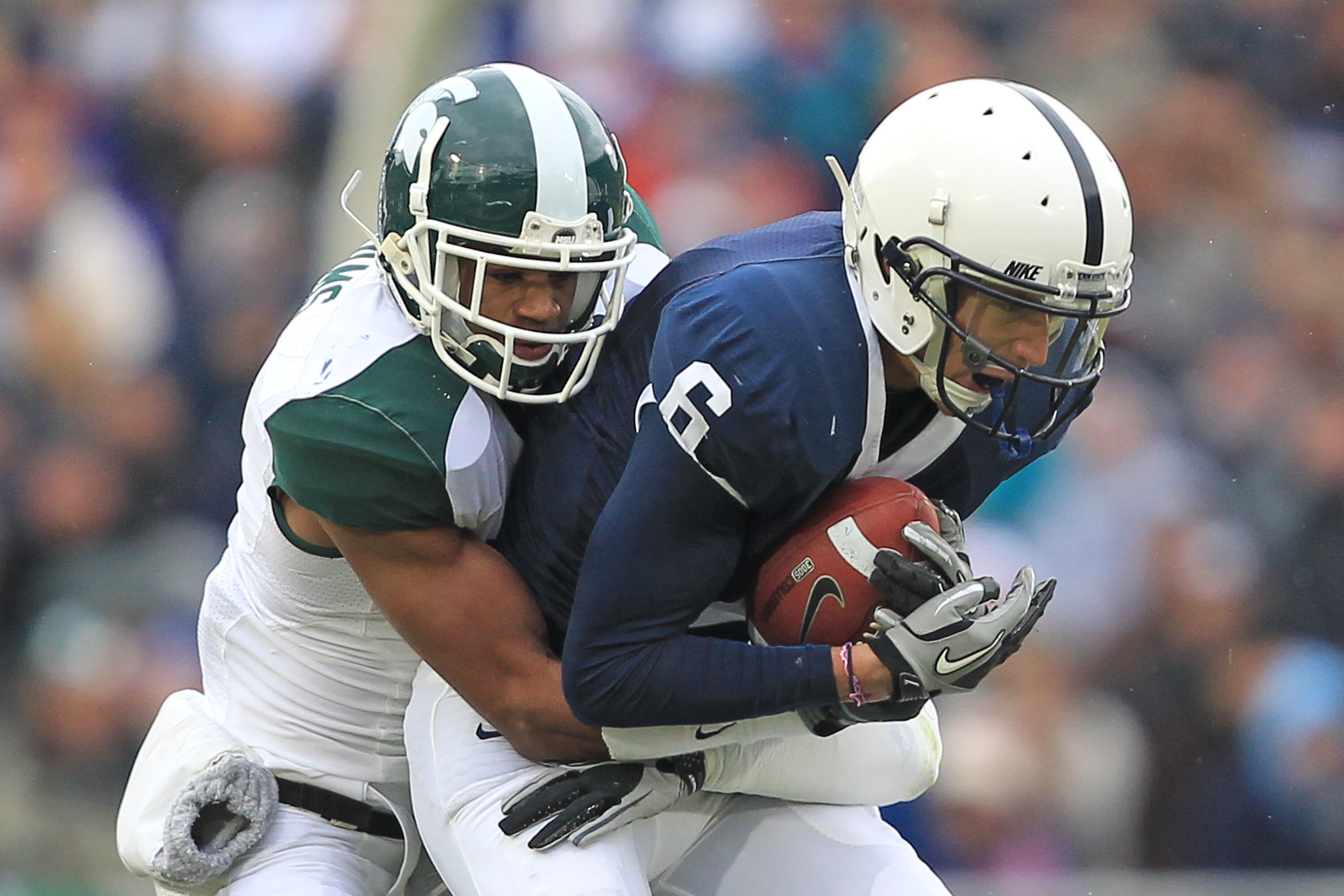 STATE COLLEGE, PA - NOVEMBER 27: Wide receiver Derek Moye #6 of the Penn State Nittany Lions catches a pass during a game against the Michigan State Spartans on November 27, 2010 at Beaver Stadium in State College, Pennsylvania. The Spartans won 28-22. (P