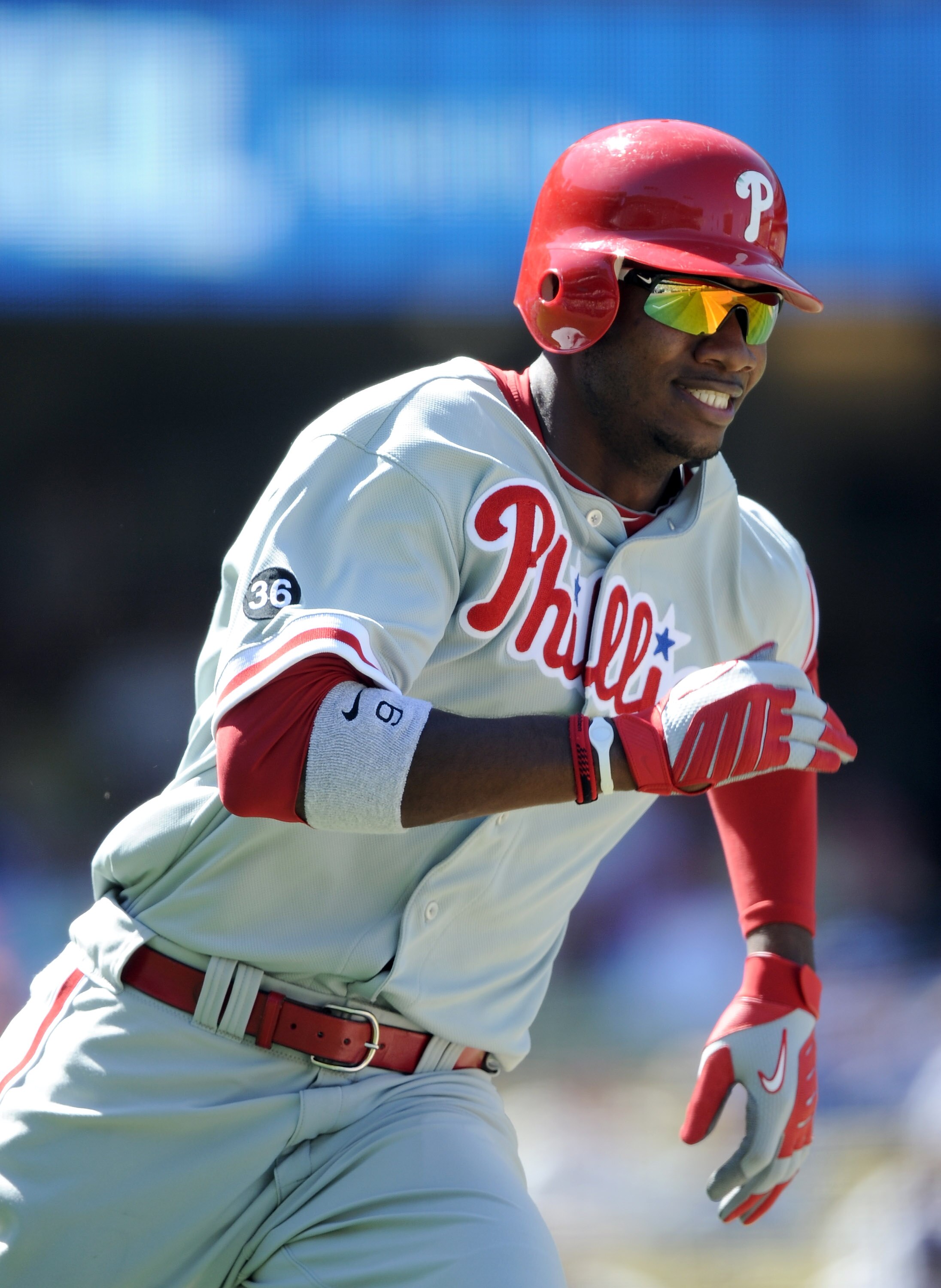 LOS ANGELES, CA - SEPTEMBER 01:  Dominic Brown #9 of the Philadelphia Phillies hits a double against the Los Angeles Dodgers at Dodger Stadium on September 1, 2010 in Los Angeles, California.  (Photo by Harry How/Getty Images)