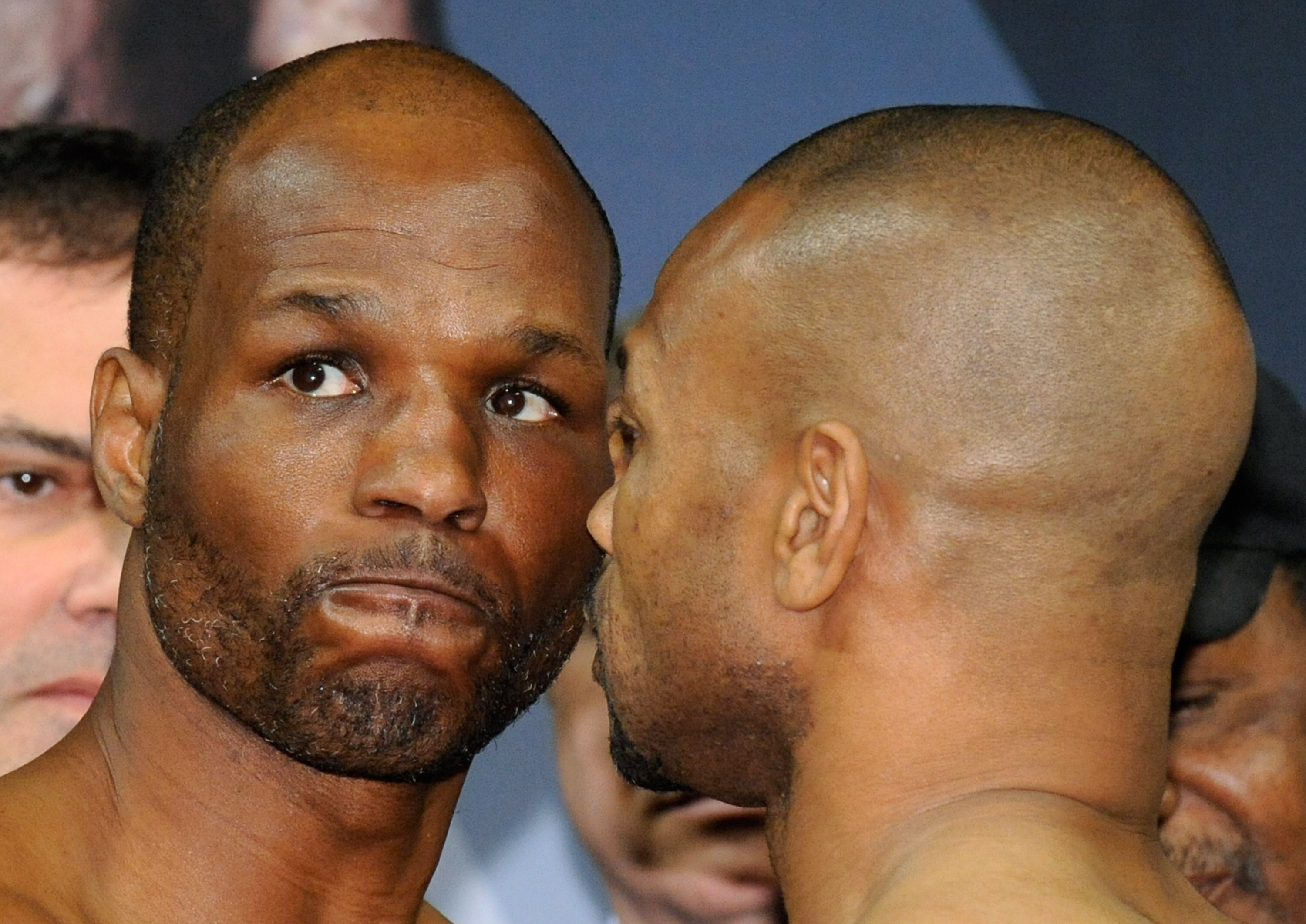 LAS VEGAS - APRIL 02:  Boxers Bernard Hopkins (L) and Roy Jones Jr. face off during the official weigh-in for their bout at the Mandalay Bay Events Center April 2, 2010 in Las Vegas, Nevada. The two will meet in a light heavyweight bout on April 3 in Las