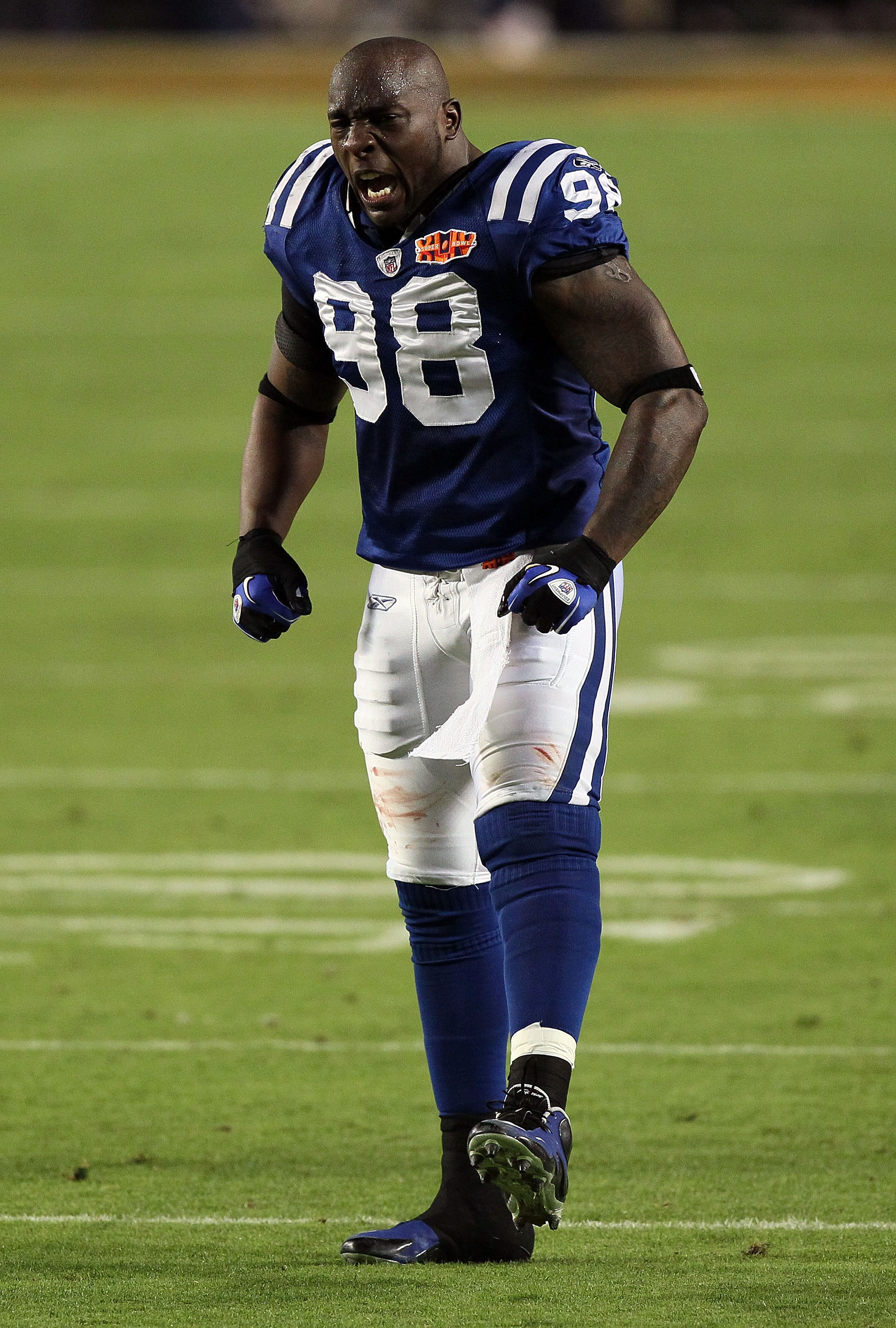 MIAMI GARDENS, FL - FEBRUARY 07: Robert Mathis #98 of the Indianapolis Colts celebrates after a touchdown in the first quarter against the New Orleans Saints during Super Bowl XLIV on February 7, 2010 at Sun Life Stadium in Miami Gardens, Florida.  (Photo
