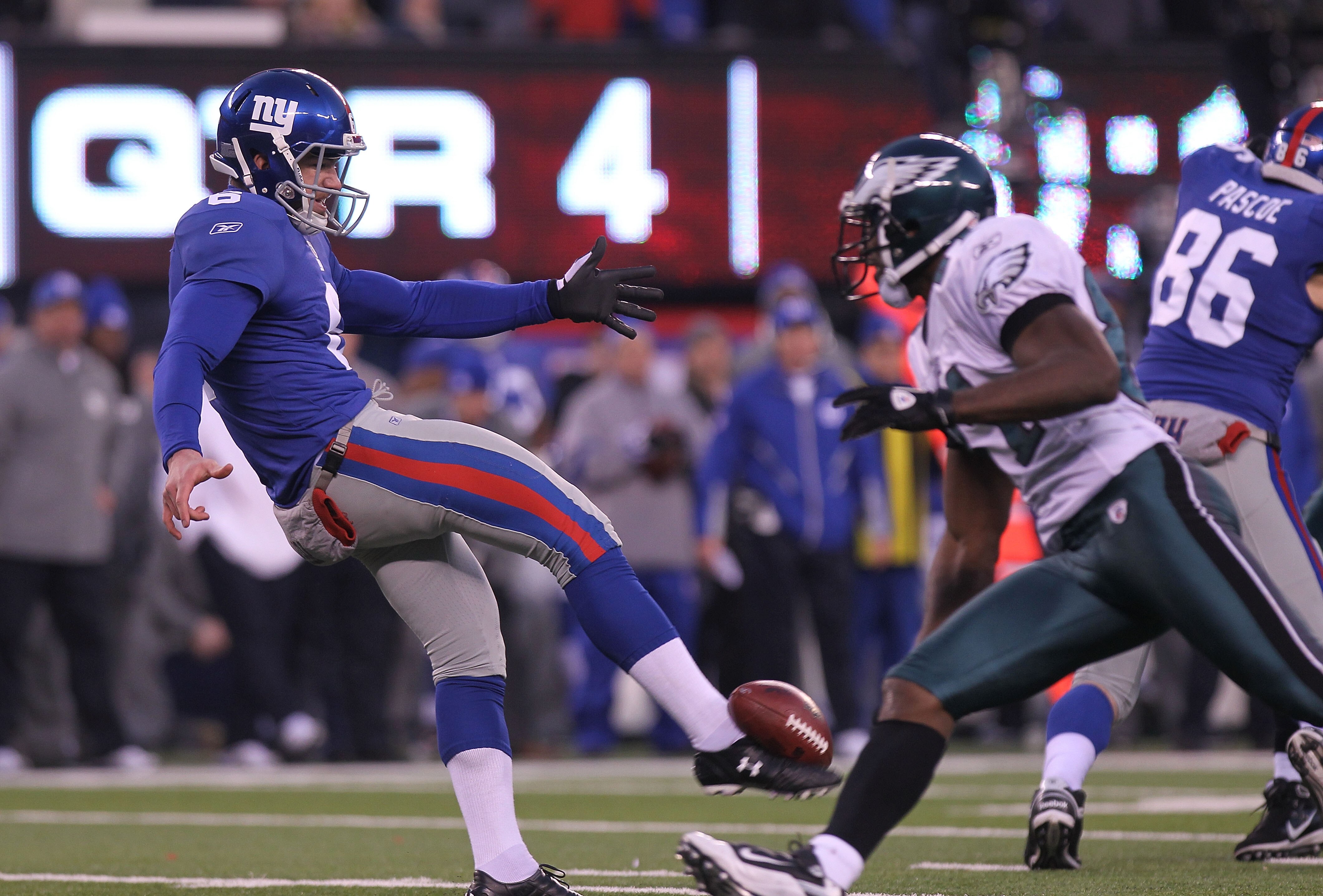 EAST RUTHERFORD, NJ - DECEMBER 19:  Matt Dodge #6 of the New York Giants punts against the Philadelphia Eagles at New Meadowlands Stadium on December 19, 2010 in East Rutherford, New Jersey.  (Photo by Nick Laham/Getty Images)