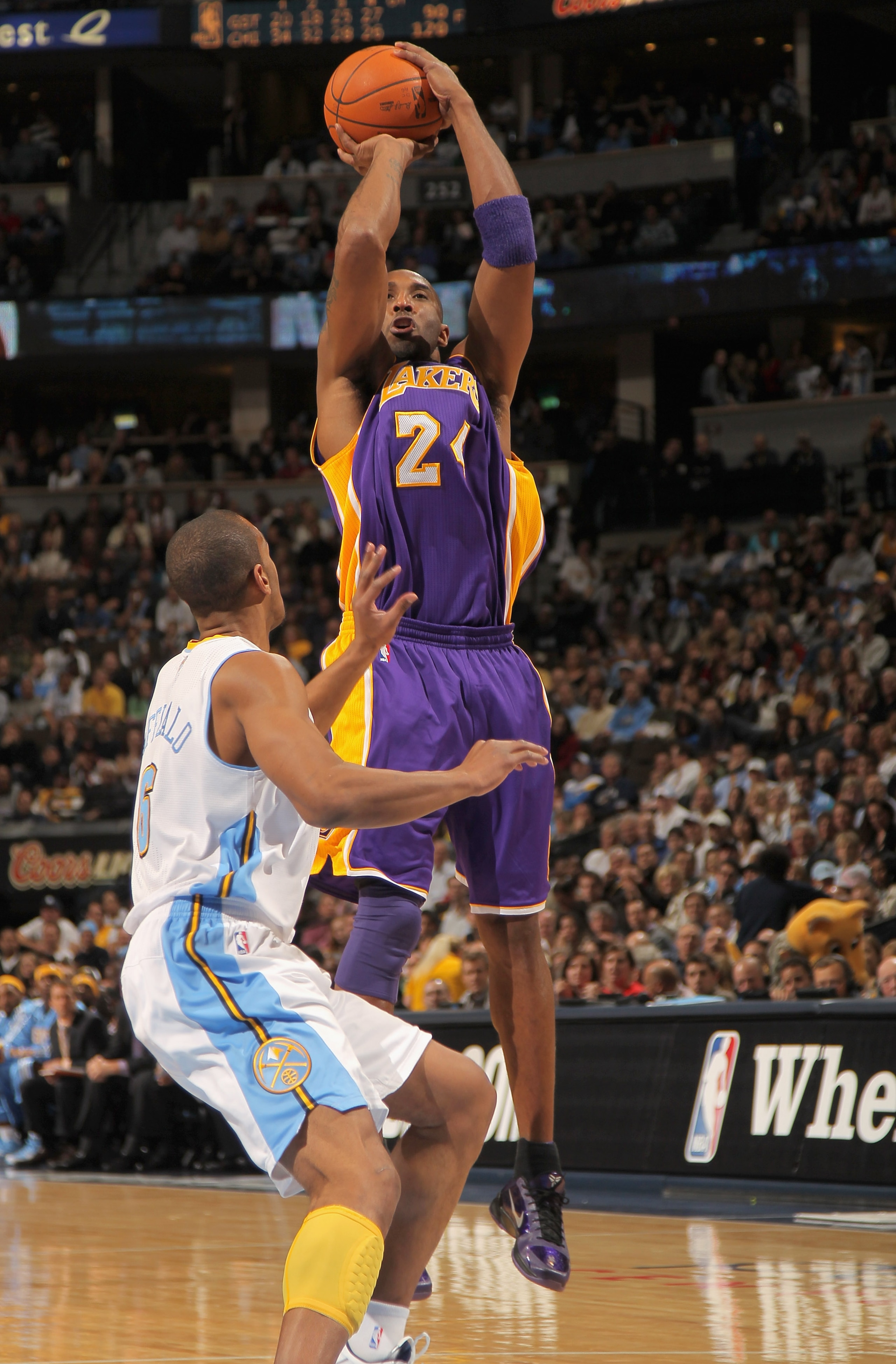 DENVER - NOVEMBER 11:  Kobe Bryant #24 of the Los Angeles Lakers takes a shot over Arron Afflalo #6 of the Denver Nuggets at the Pepsi Center on November 11, 2010 in Denver, Colorado. The Nuggets defeated the Lakers 118-112.  NOTE TO USER: User expressly