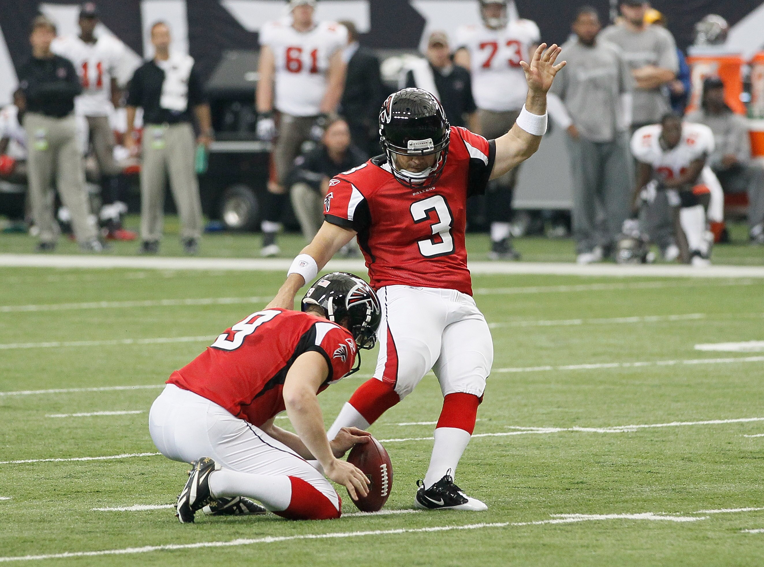 ATLANTA - NOVEMBER 07:  Matt Bryant #3 of the Atlanta Falcons against the Tampa Bay Buccaneers at Georgia Dome on November 7, 2010 in Atlanta, Georgia.  (Photo by Kevin C. Cox/Getty Images)