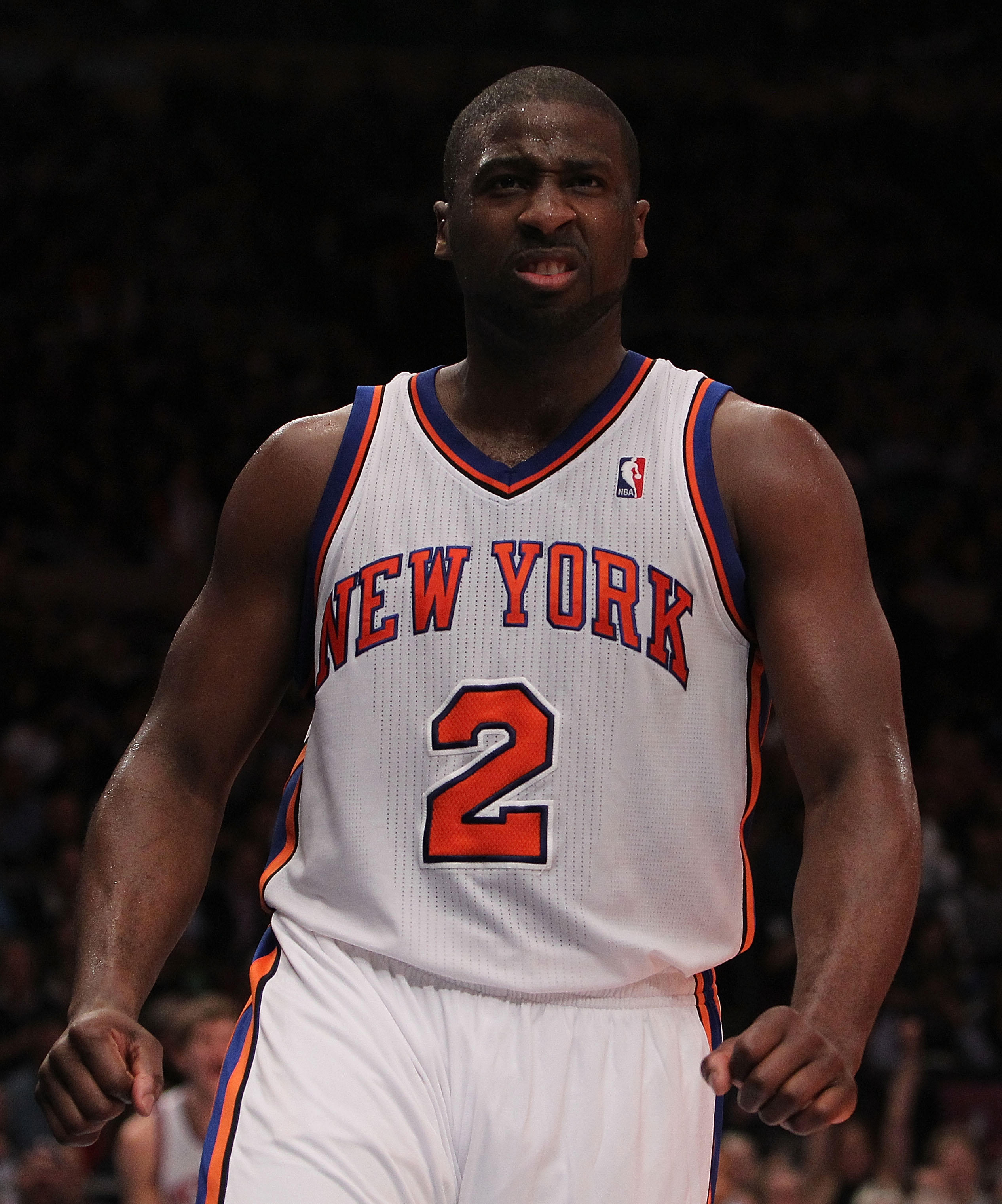 NEW YORK, NY - NOVEMBER 30: Raymond Felton #2 of the New York Knicks reacts agaisnt the New Jersey Nets on November 30, 2010 at Madison Square Garden in New York City. NOTE TO USER: User expressly acknowledges and agrees that, by downloading and or using 