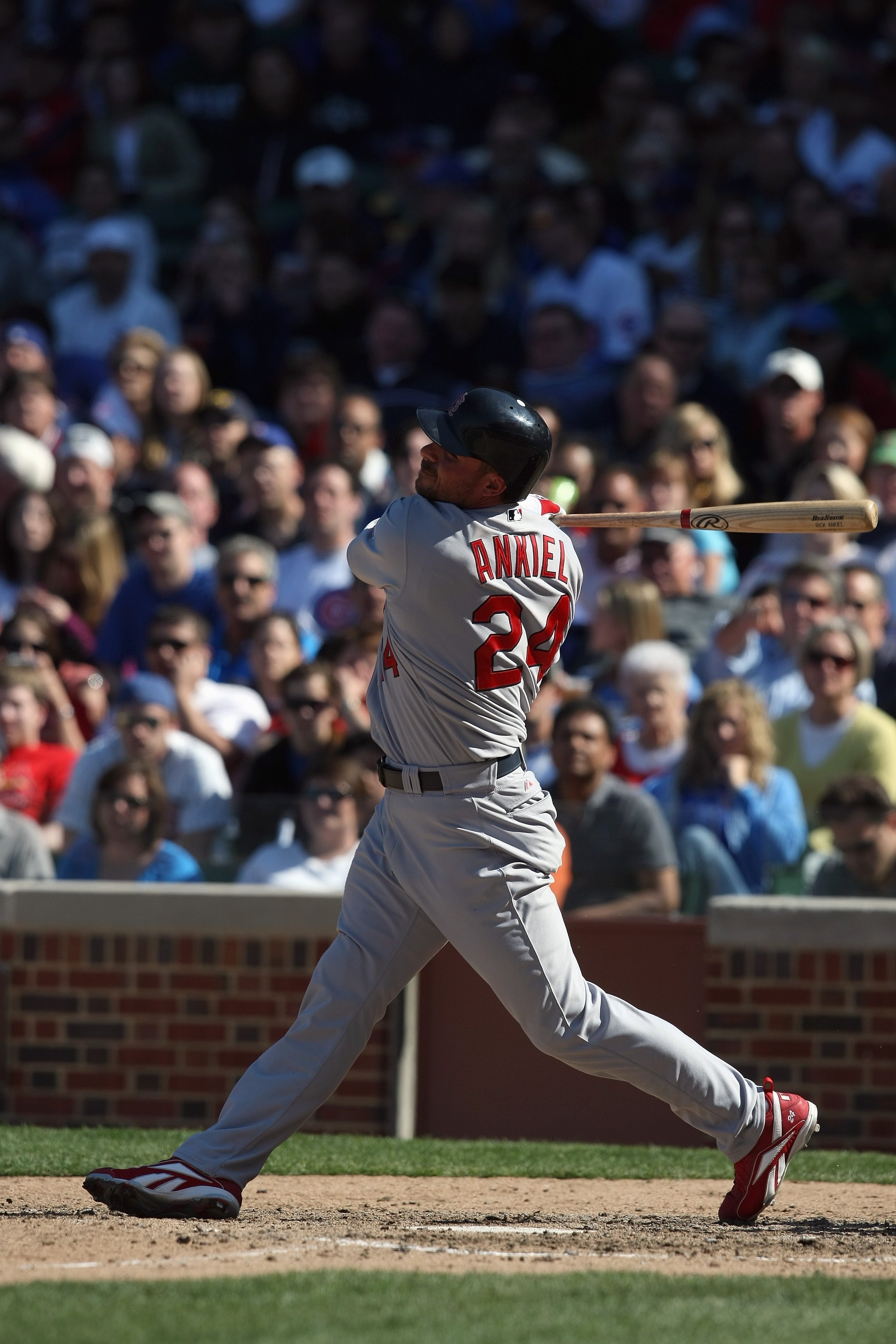 CHICAGO - APRIL 17:  Rick Ankiel #24 of the St. Louis Cardinals bats against the Chicago Cubs on April 17, 2009 at Wrigley Field in Chicago, Illinois. (Photo by Jonathan Daniel/Getty Images)