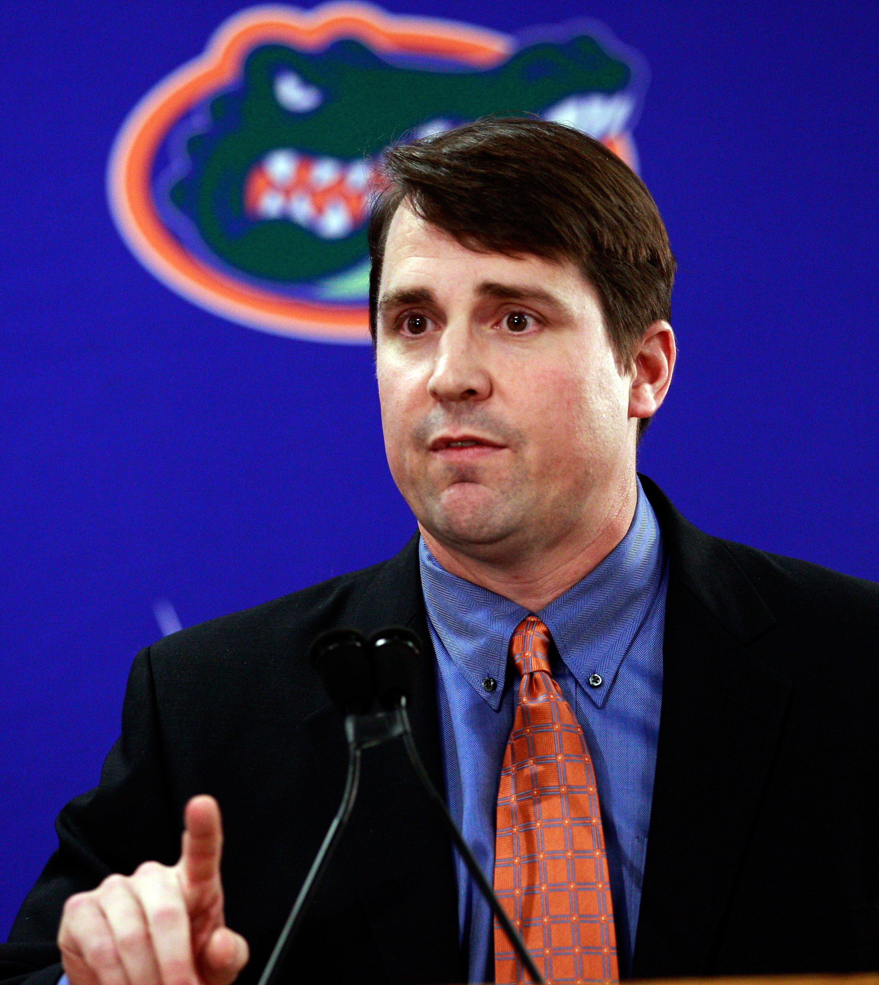 GAINESVILLE, FL - DECEMBER 14:  Former defensive coordinator for the University of Texas, Will Muschamp speaks to the media after being introduced as the head coach of the University of Florida on December 14, 2010 in Gainesville, Florida.  Muschamp is re