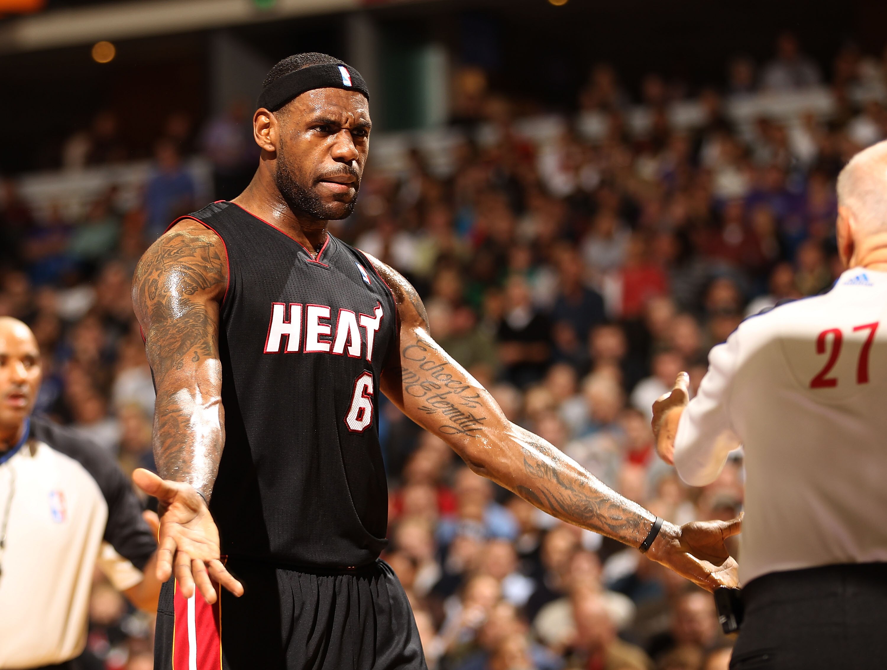 SACRAMENTO, CA - DECEMBER 11:  Lebron James #6 of the Miami Heat argues with Dick Bavetta #27 during their game against the Sacramento Kings at ARCO Arena on December 11, 2010 in Sacramento, California.  NOTE TO USER: User expressly acknowledges and agree