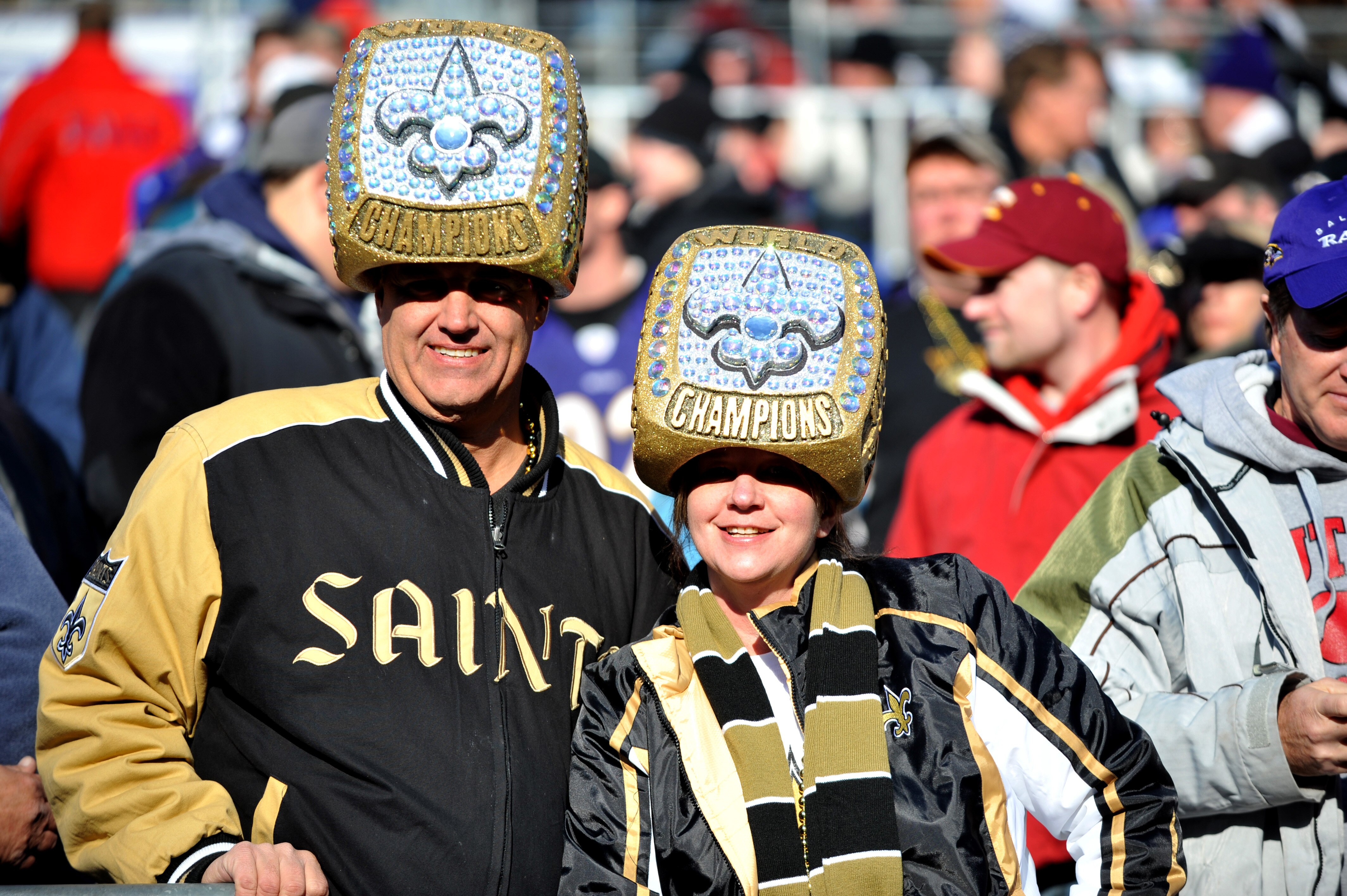 BALTIMORE, MD - DECEMBER 19:  Fans of the New Orleans Saints cheer against the Baltimore Ravens at M&T Bank Stadium on December 19, 2010 in Baltimore, Maryland. The Ravens defeated the Saints 30-24. (Photo by Larry French/Getty Images)