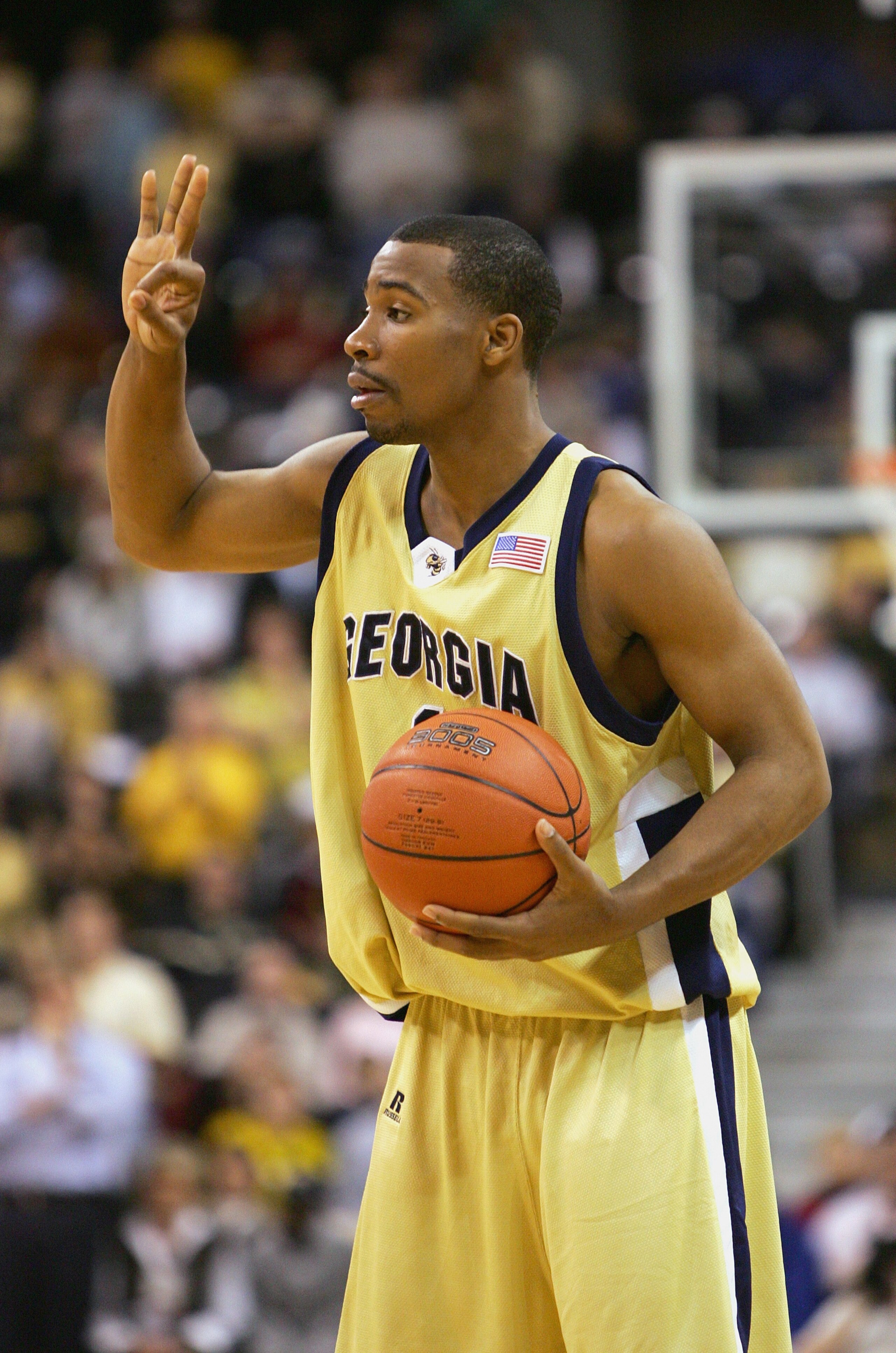 WINSTON-SALEM, NC - JANUARY 30: Javaris Crittenton #1 of the Georgia Tech Yellow Jackets signals to his team during the game against the Wake Forest Demon Deacons on January 30, 2007 at Lawrence Joel Coliseum in Winston-Salem, North Carolina. (Photo by St