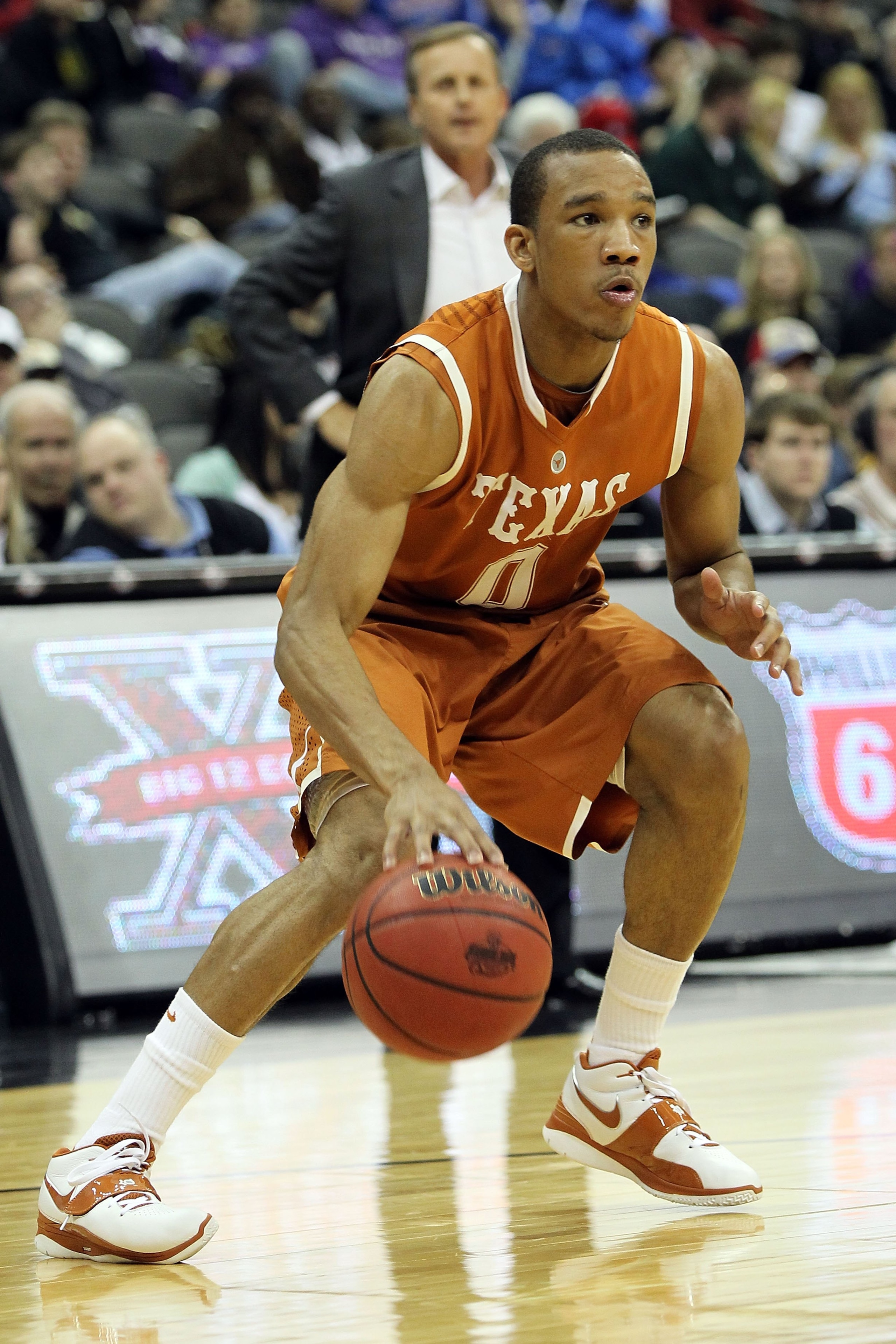 KANSAS CITY, MO - MARCH 11:  Avery Bradley #0 of the Texas Longhorns moves the ball while taking on the Baylor Bears during the quarterfinals of the 2010 Phillips 66 Big 12 Men's Basketball Tournament at the Sprint Center on March 11, 2010 in Kansas City,