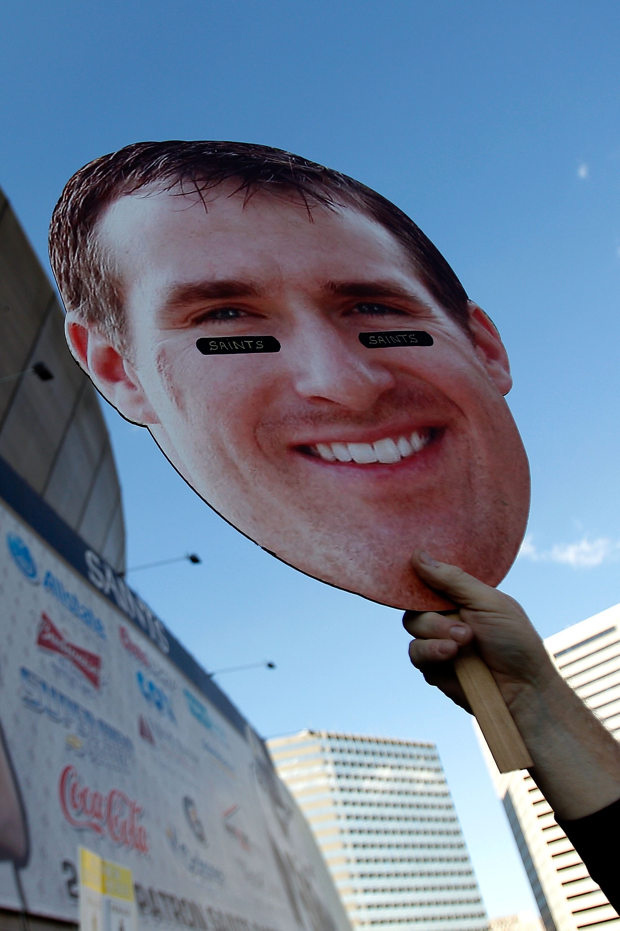 NEW ORLEANS - JANUARY 24:  A fan holds up a giant cutout with the likeness of Drew Brees #9 of the New Orleans Saints outside the Superdome against the Minnesota Vikings during the NFC Championship Game at the Louisiana Superdome on January 24, 2010 in Ne