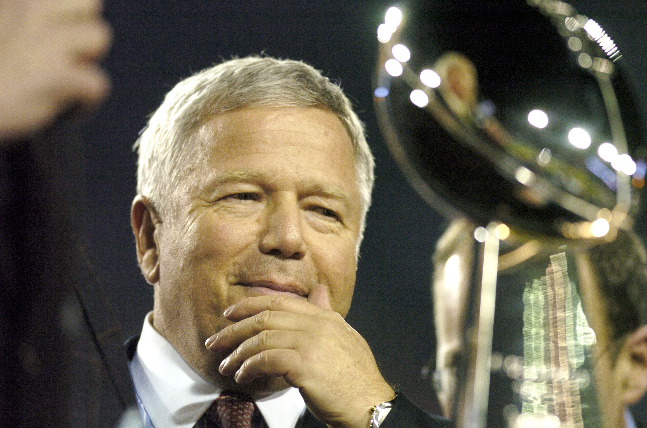 New England Patriots Chairman and Owner Robert Kraft holds The Vince Lombardi Trophy after the Patriots won Super Bowl XXXIX at Alltel Stadium in Jacksonville, Florida on February 6, 2005.  (Photo by Al Messerschmidt/Getty Images)