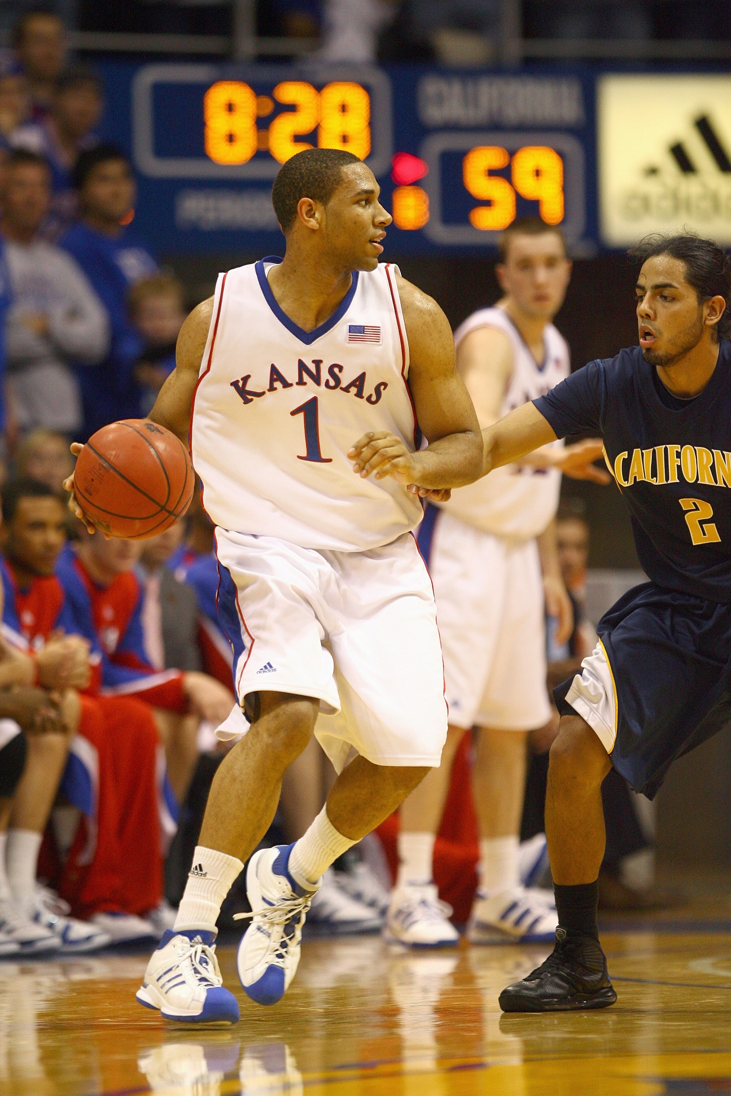 LAWRENCE, KS - DECEMBER 22: Xavier Henry #1 of the Kansas Jayhawks dribbles the ball during the game against the California Golden Bears on December 22, 2009 at Allen Fieldhouse in Lawrence, Kansas. (Photo by Jamie Squire/Getty Images)
