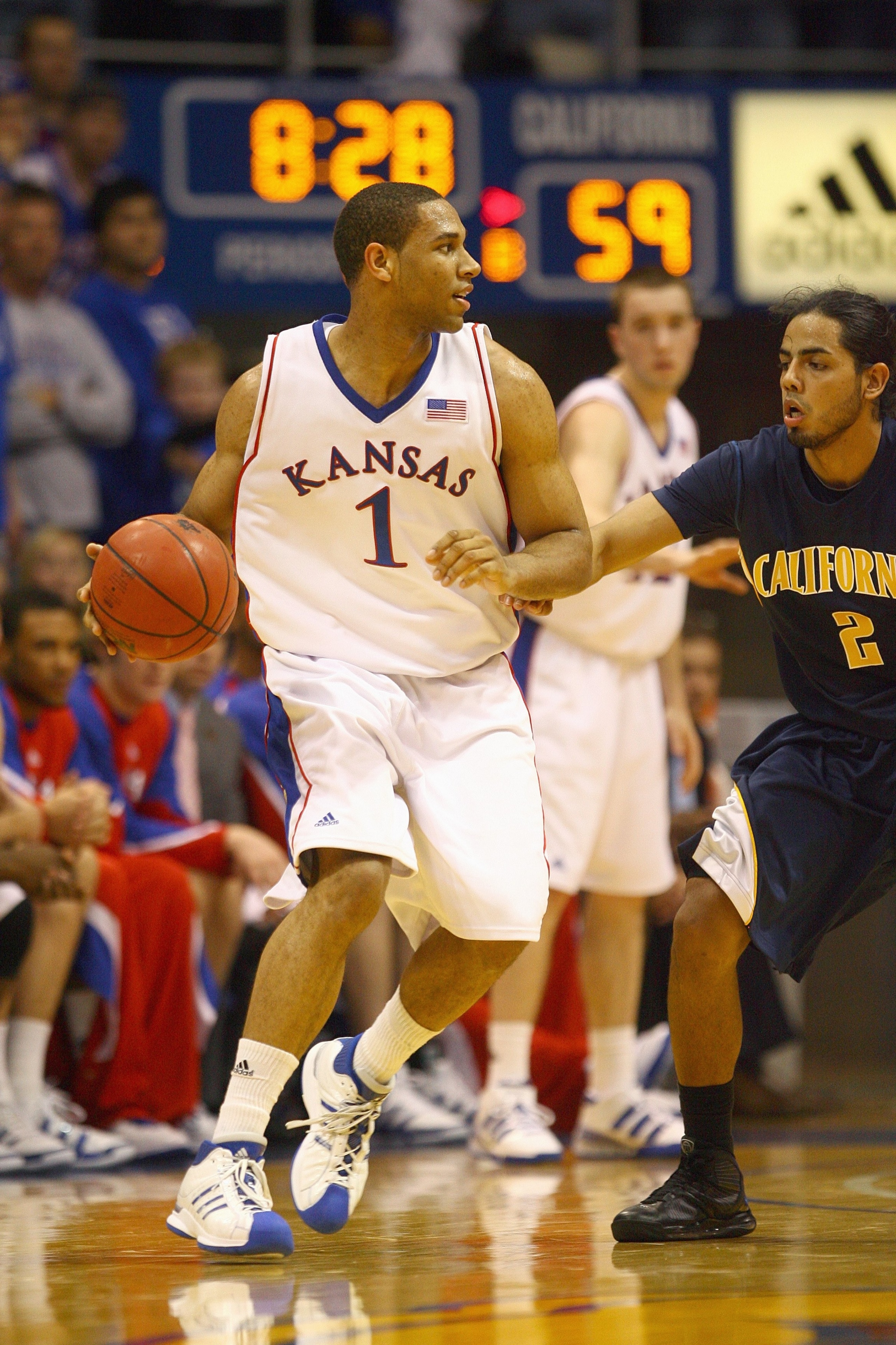LAWRENCE, KS - DECEMBER 22: Xavier Henry #1 of the Kansas Jayhawks dribbles the ball during the game against the California Golden Bears on December 22, 2009 at Allen Fieldhouse in Lawrence, Kansas. (Photo by Jamie Squire/Getty Images)