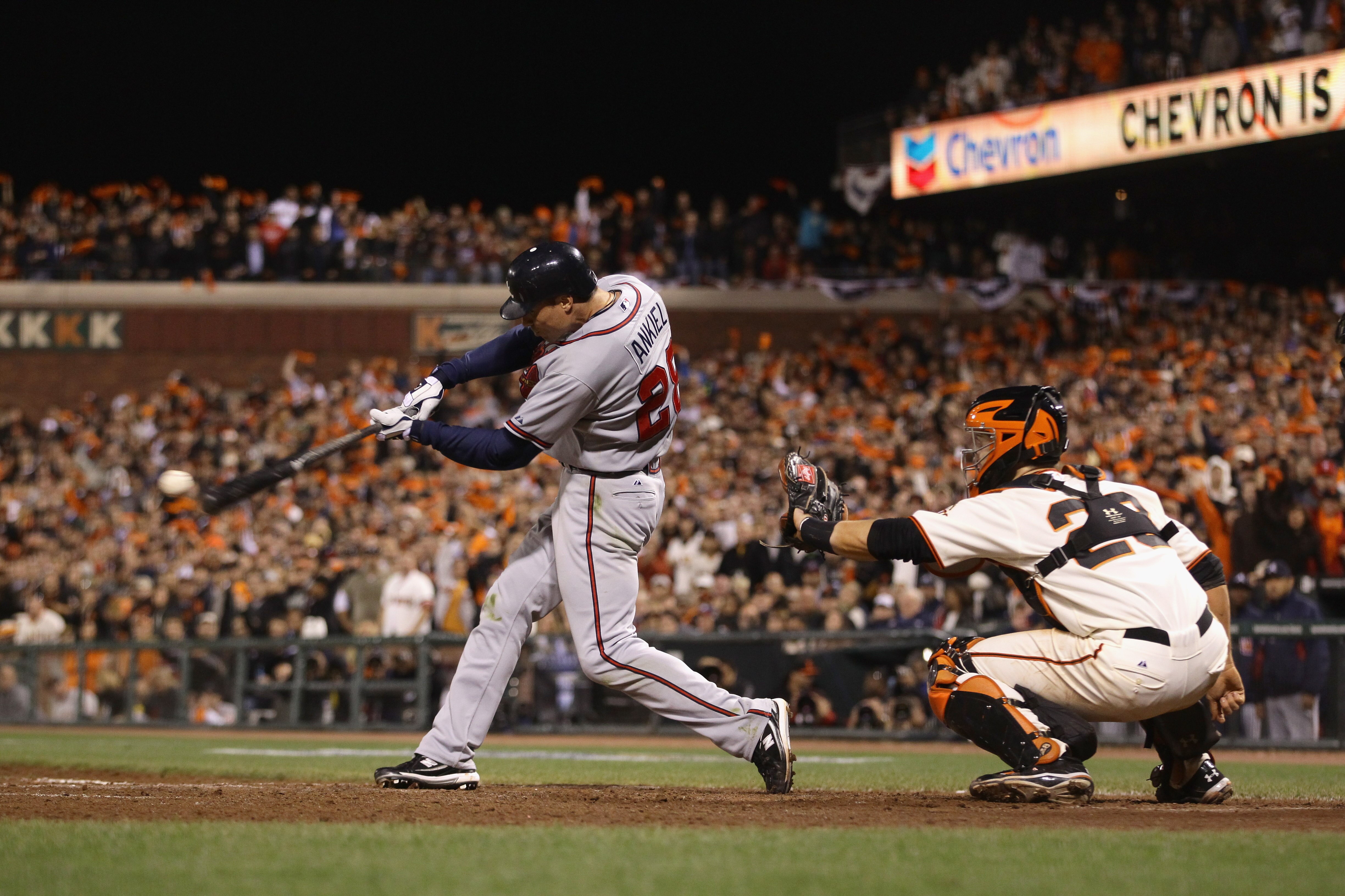 SAN FRANCISCO - OCTOBER 07:  Rick Ankiel #28 of the Atlanta Braves bats against the San Francisco Giants during game 1 of the NLDS at AT&T Park on October 7, 2010 in San Francisco, California.  (Photo by Ezra Shaw/Getty Images)