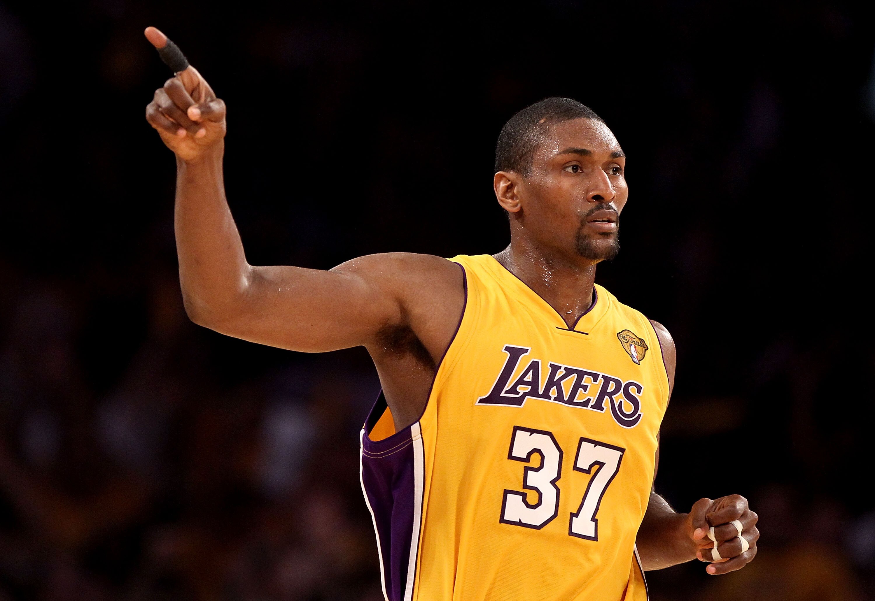 LOS ANGELES, CA - JUNE 17:  Ron Artest #37 of the Los Angeles Lakers celebrates a basket in Game Seven of the 2010 NBA Finals against the Boston Celtics at Staples Center on June 17, 2010 in Los Angeles, California.  NOTE TO USER: User expressly acknowled