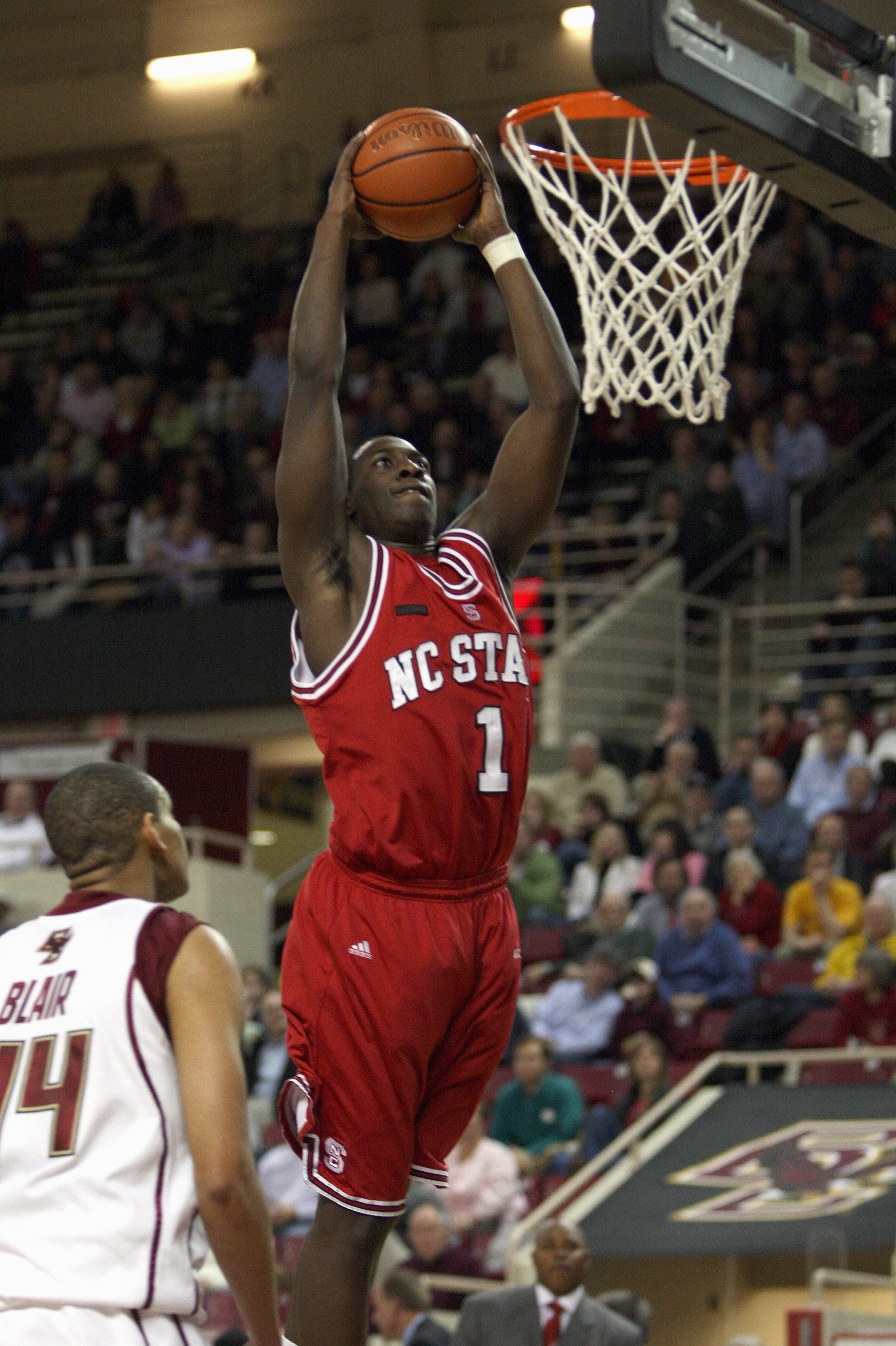 CHESTNUT HILL, MA - FEBRUARY 14: J.J. Hickson #1 of the North Carolina State Wolfpack dunks against the Boston College Eagles on February 14, 2008 at Alumni Stadium in Chestnut Hill, Massachusetts. The Boston College Eagles defeated the North Carolina Wol