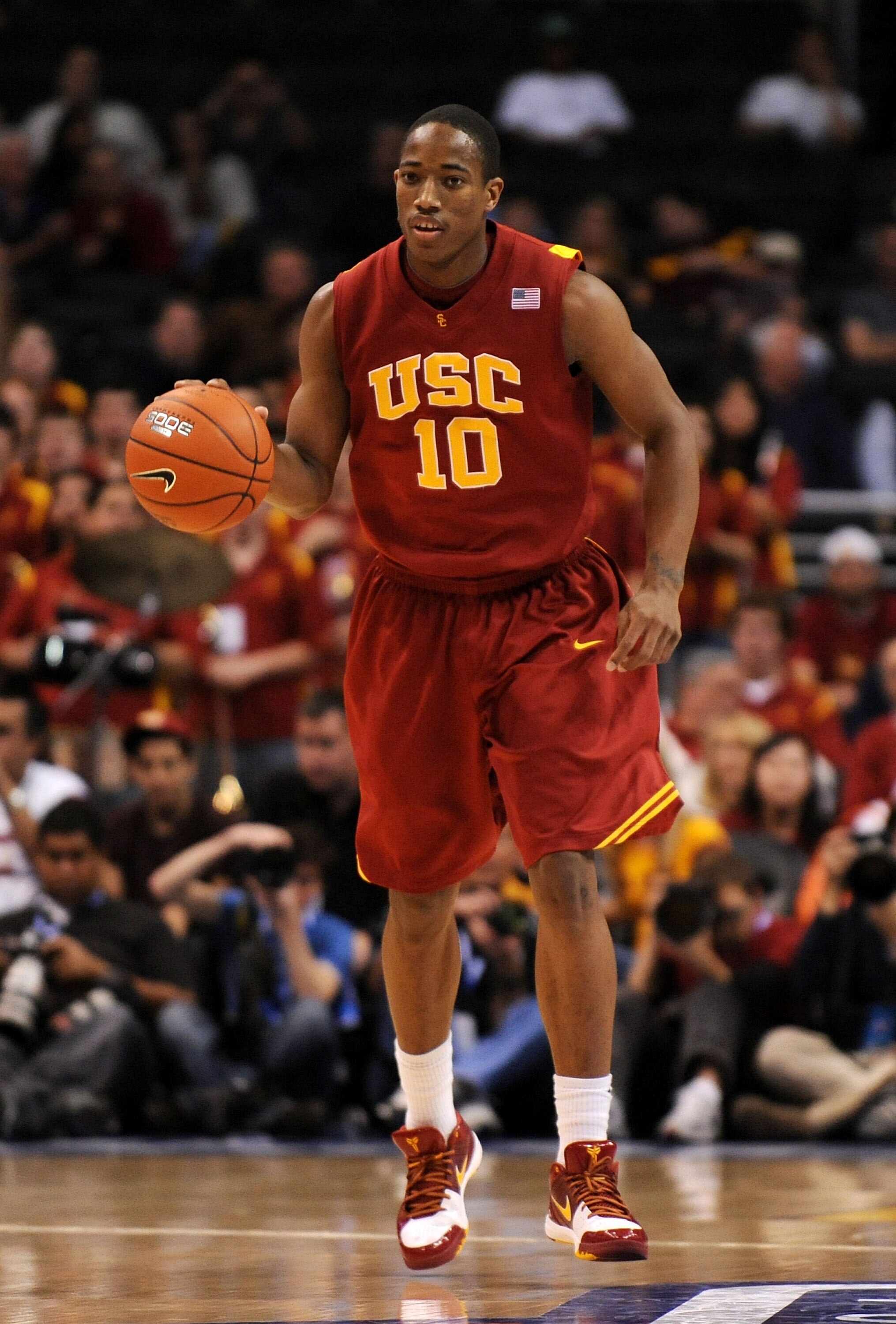 LOS ANGELES, CA - MARCH 14:  Guard DeMar DeRozan #10 of the USC Trojans brings the ball upcourt against the Arizona State Sun Devils in the Pacific Life Pac-10 Men's Basketball Tournament Championship Game at the Staples Center on March 14, 2009 in Los An
