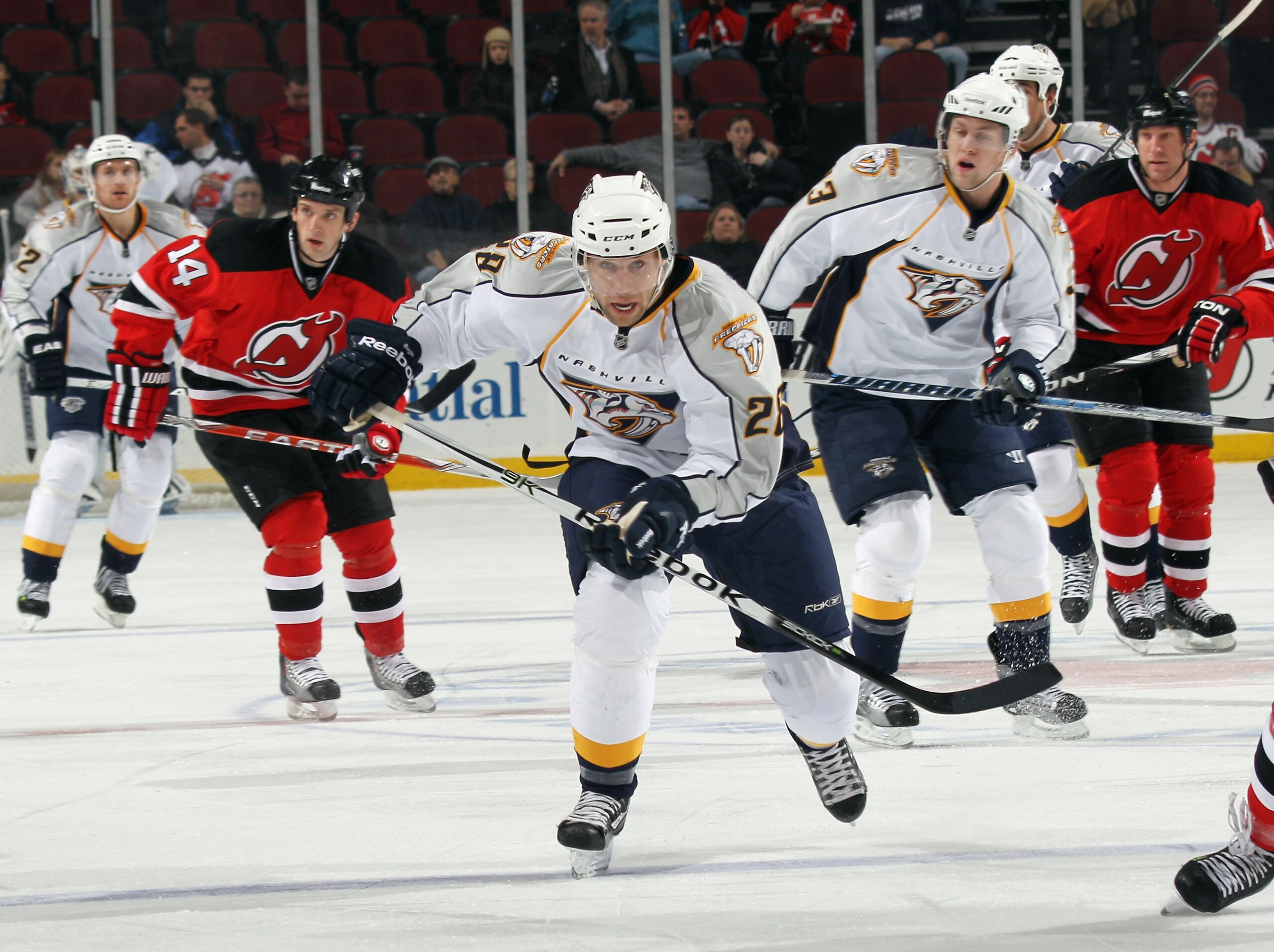 NEWARK, NJ - DECEMBER 17: Steve Begin #28 of the Nashville Predators skates in his first game of the season against the New Jersey Devils at the Prudential Center on December 17, 2010 in Newark, New Jersey. (Photo by Bruce Bennett/Getty Images) NEWARK, NJ - DECEMBER 17: Steve Begin #28 of the Nashville Predators skates in his first game of the season against the New Jersey Devils at the Prudential Center on December 17, 2010 in Newark, New Jersey. (Photo by Bruce Bennett/Getty Images)