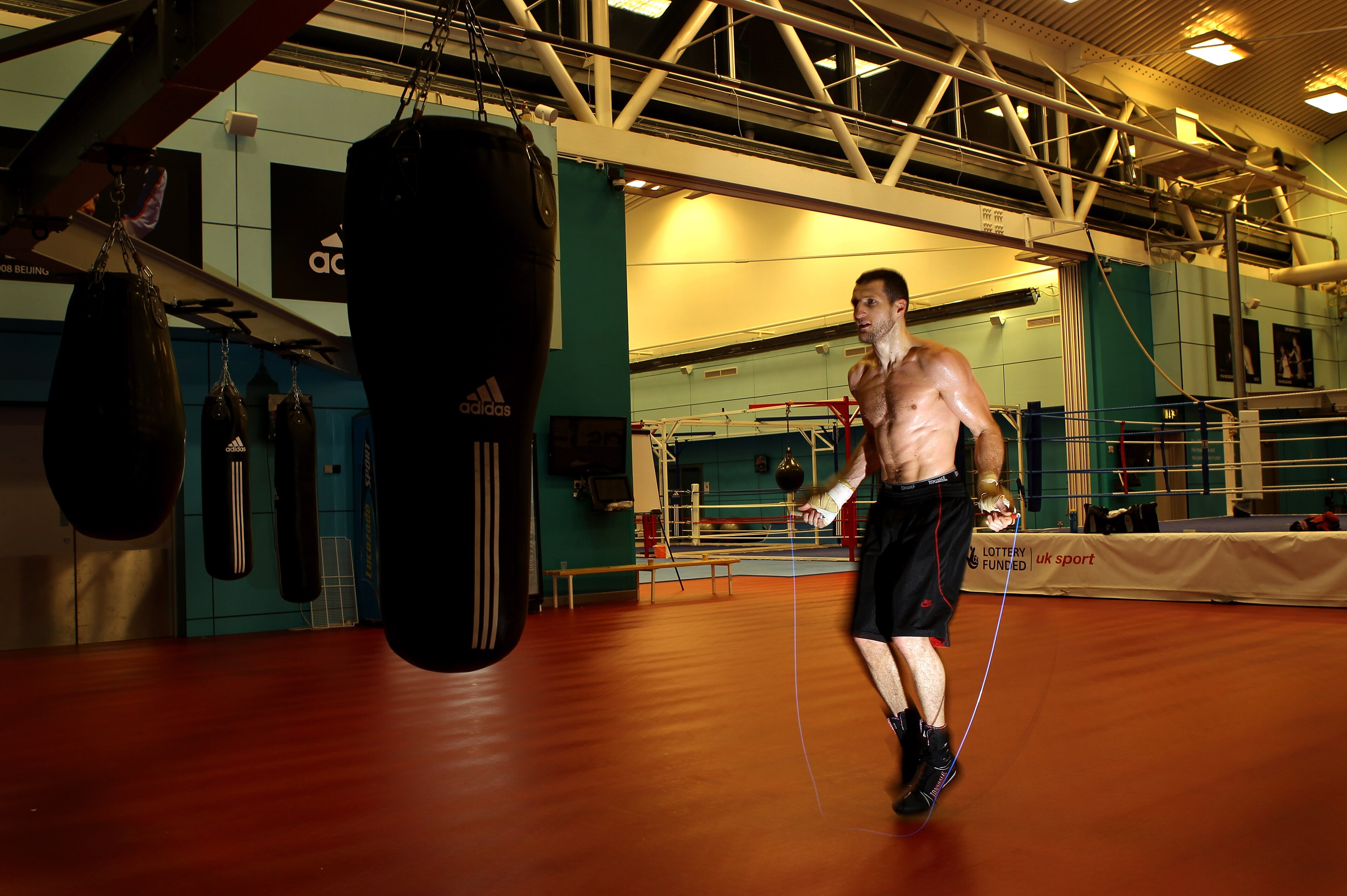 SHEFFIELD, ENGLAND - NOVEMBER 17:  Carl Froch works out with a skipping rope during a media training day ahead of his Super Six fight against Arthur Abraham at the English Institute of Sport on November 17, 2010 in Sheffield, England.  (Photo by Alex Live