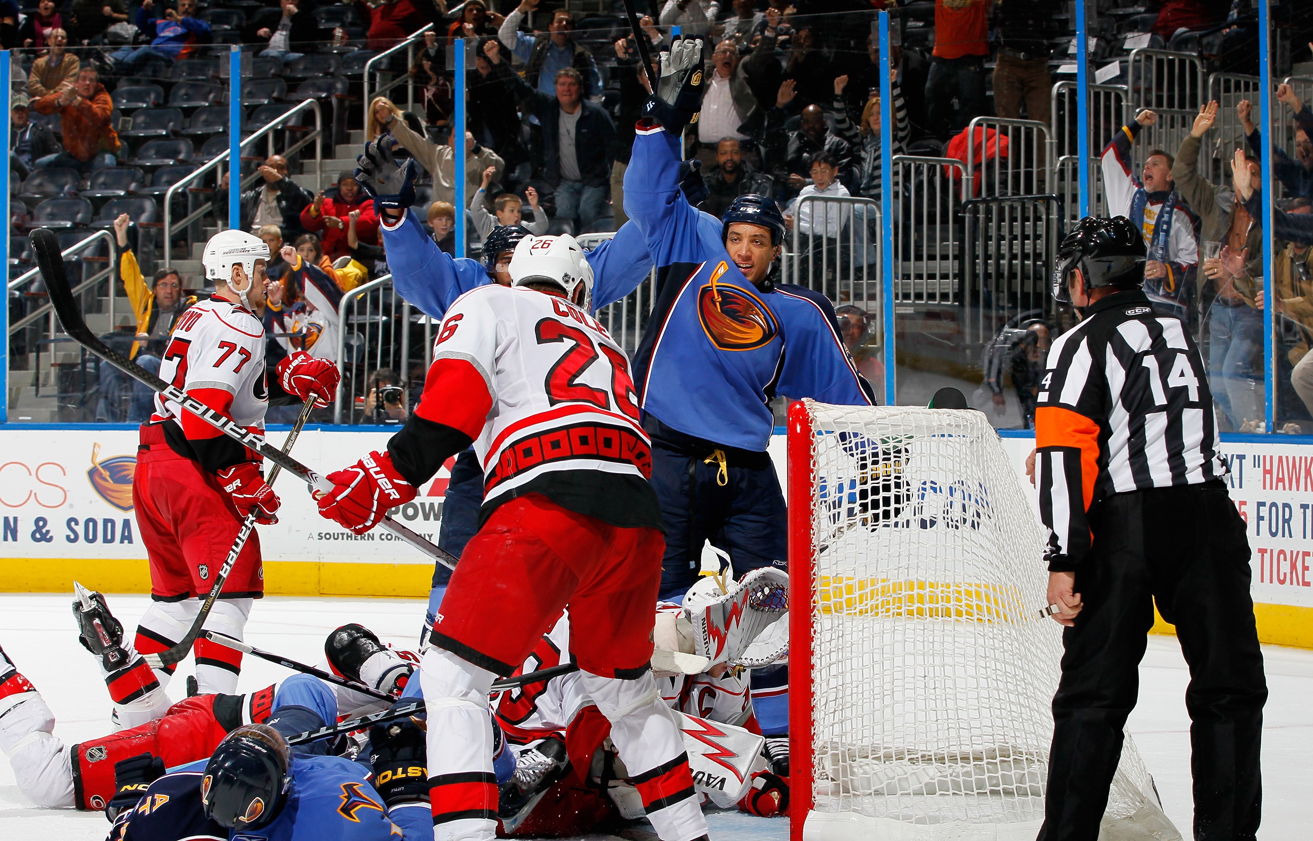 ATLANTA, GA - DECEMBER 16:  Anthony Stewart #22 of the Atlanta Thrashers celebrates after scoring a goal against the Carolina Hurricanes at Philips Arena on December 16, 2010 in Atlanta, Georgia.  (Photo by Kevin C. Cox/Getty Images)