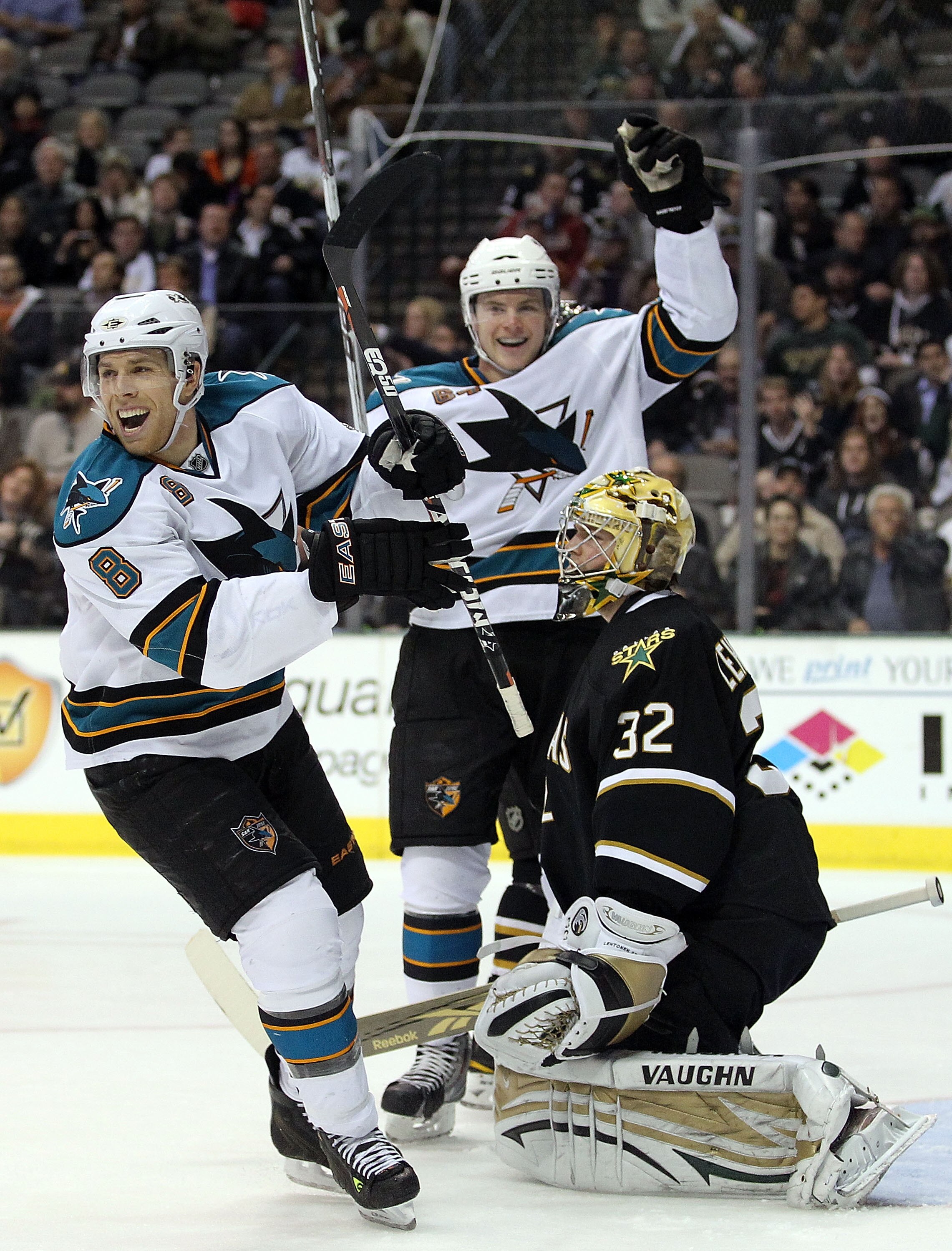 DALLAS, TX - DECEMBER 16:  Center Joe Pavelski #8 of the San Jose Sharks celebrates a goal against the Dallas Stars at American Airlines Center on December 16, 2010 in Dallas, Texas.  (Photo by Ronald Martinez/Getty Images)