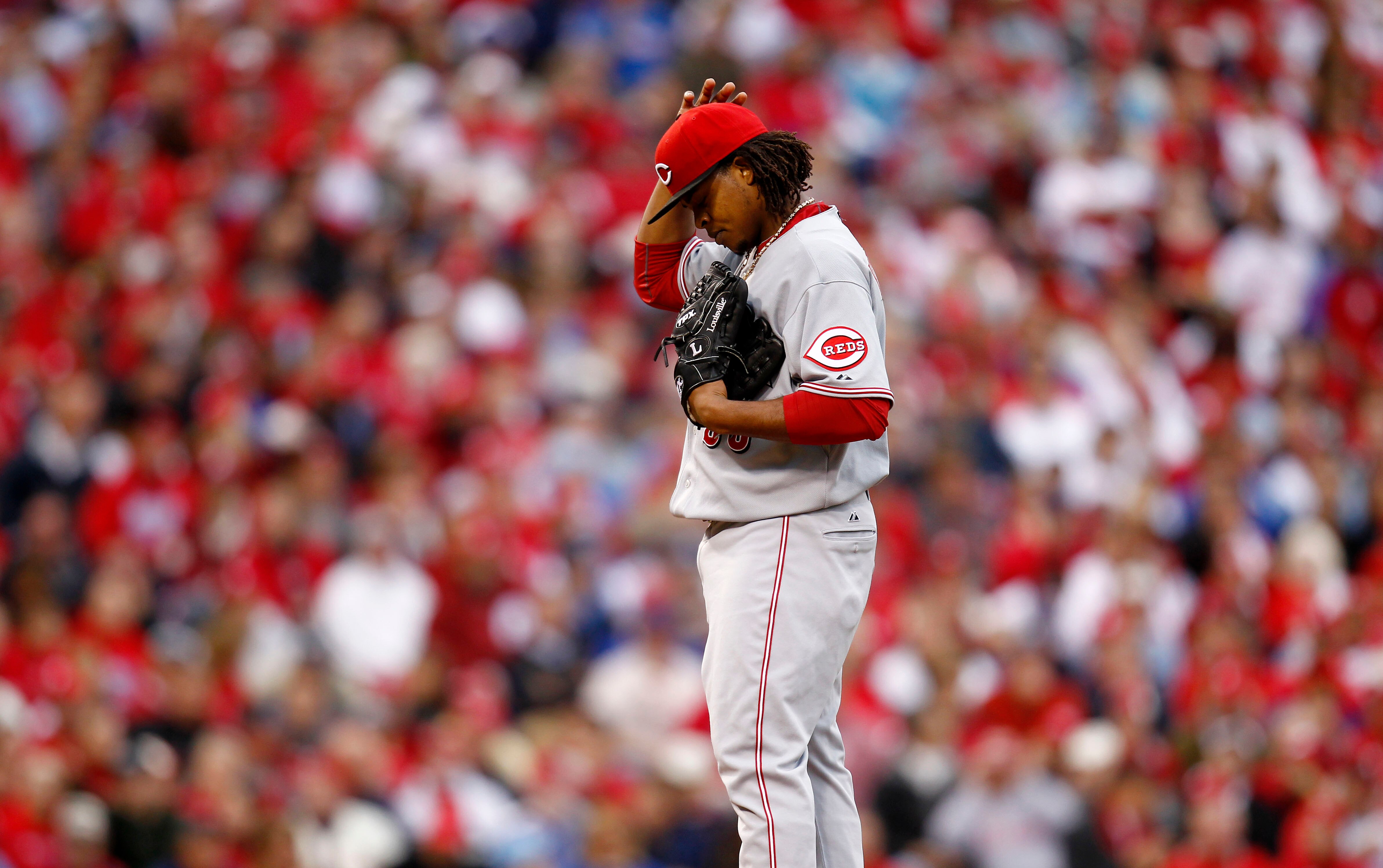 PHILADELPHIA - OCTOBER 06:  Edinson Volquez #36 of the Cincinnati Reds reacts in Game 1 of the NLDS against the Philadelphia Phillies at Citizens Bank Park on October 6, 2010 in Philadelphia, Pennsylvania.  (Photo by Jeff Zelevansky/Getty Images)