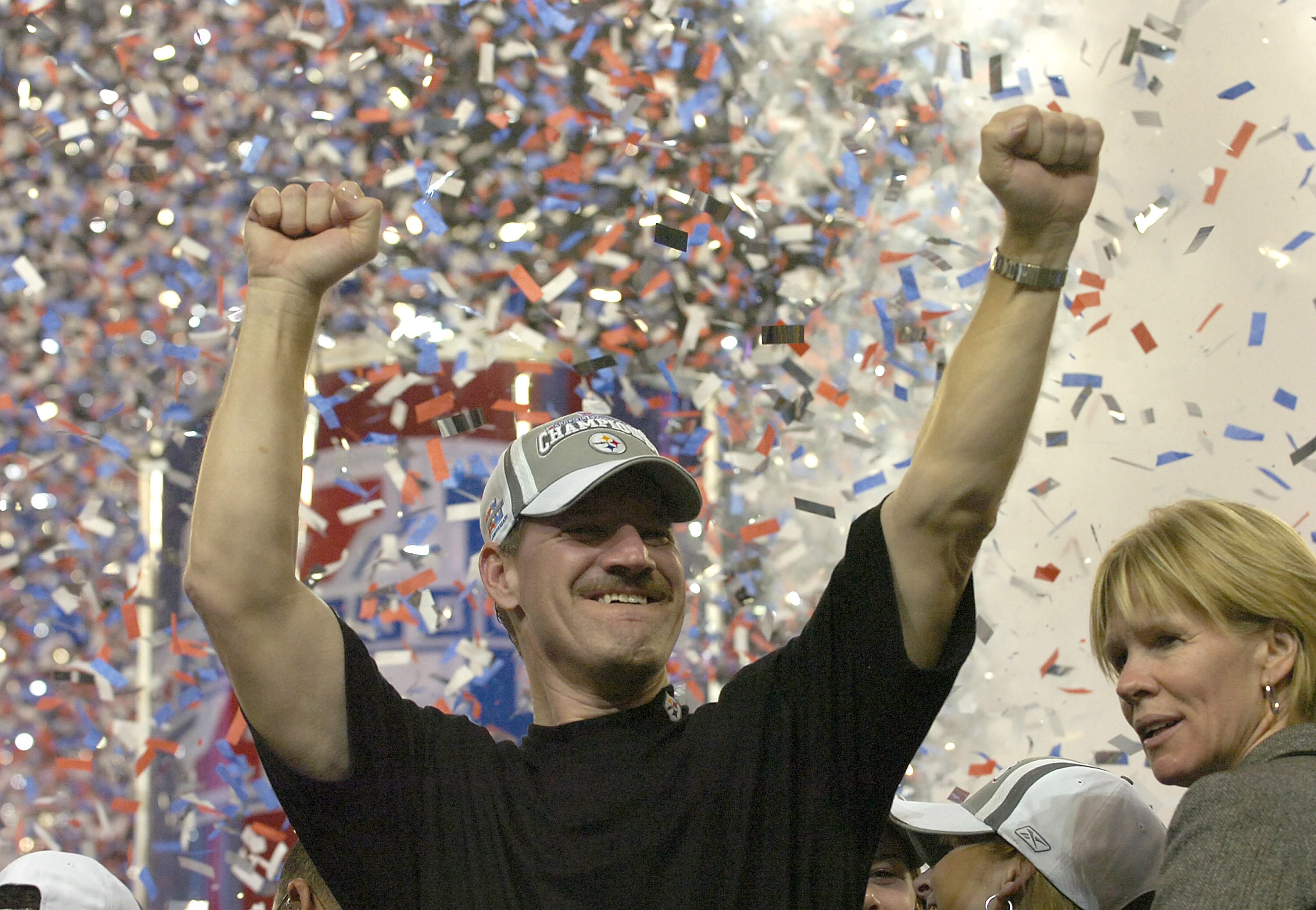 Steelers head coach Bill Cowher celebrates after the Steelers won Super Bowl XL between the Pittsburgh Steelers and Seattle Seahawks at Ford Field in Detroit, Michigan on February 5, 2006.  (Photo by Al Messerschmidt/Getty Images)
